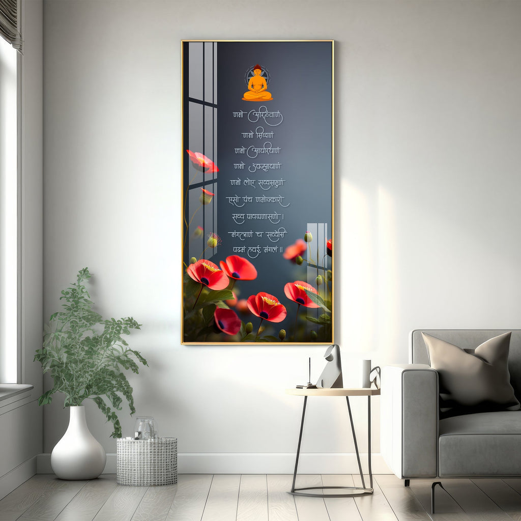 Spiritual Buddha Quotes with Red Flowers Acrylic Wall Painting for Living Room