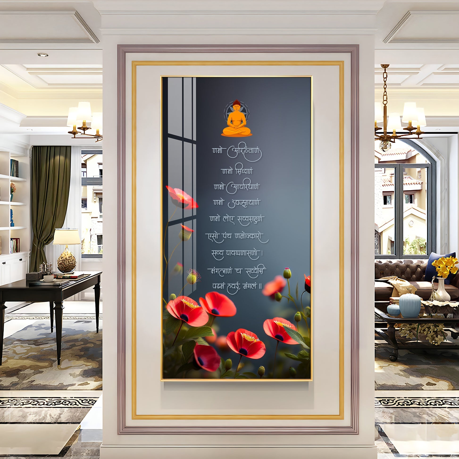 Spiritual Buddha Quotes with Red Flowers Acrylic Wall Painting for Living Room