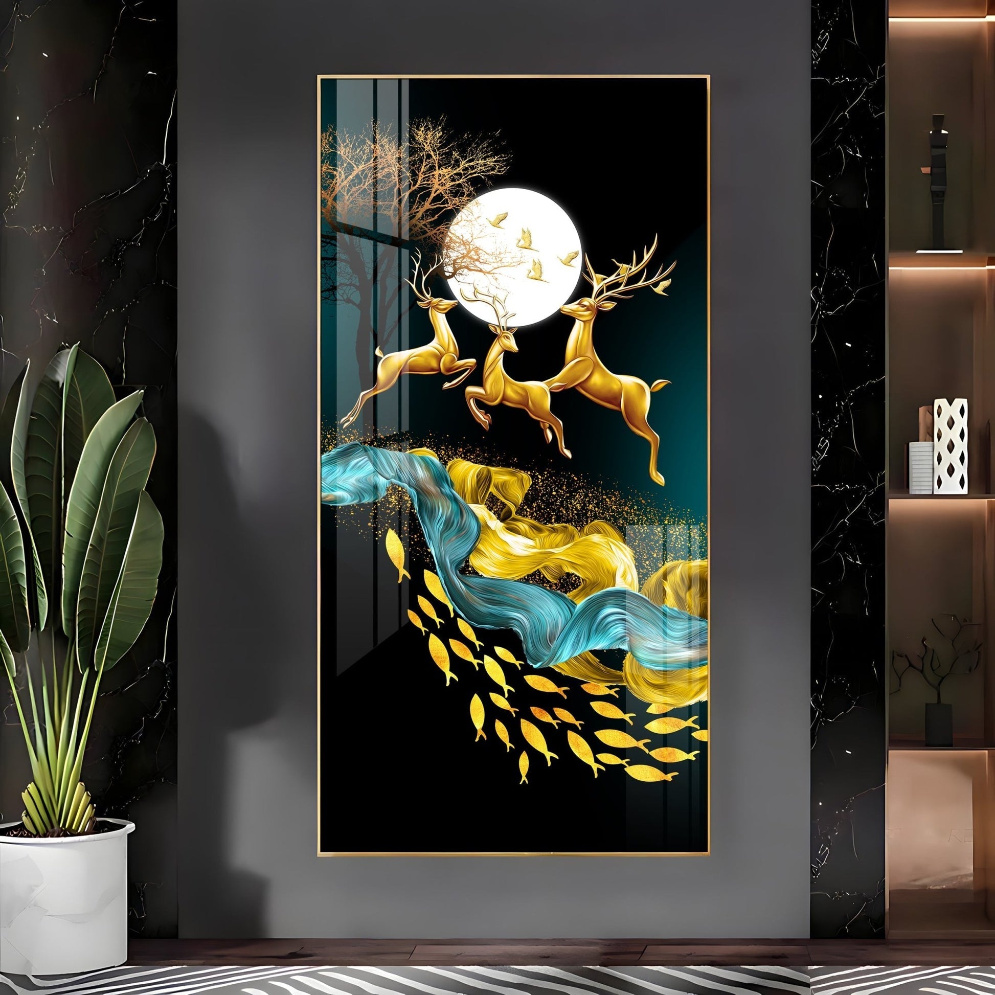 Premium Golden Deer Abstract Art Acrylic Wall Painting for Wall Decoration