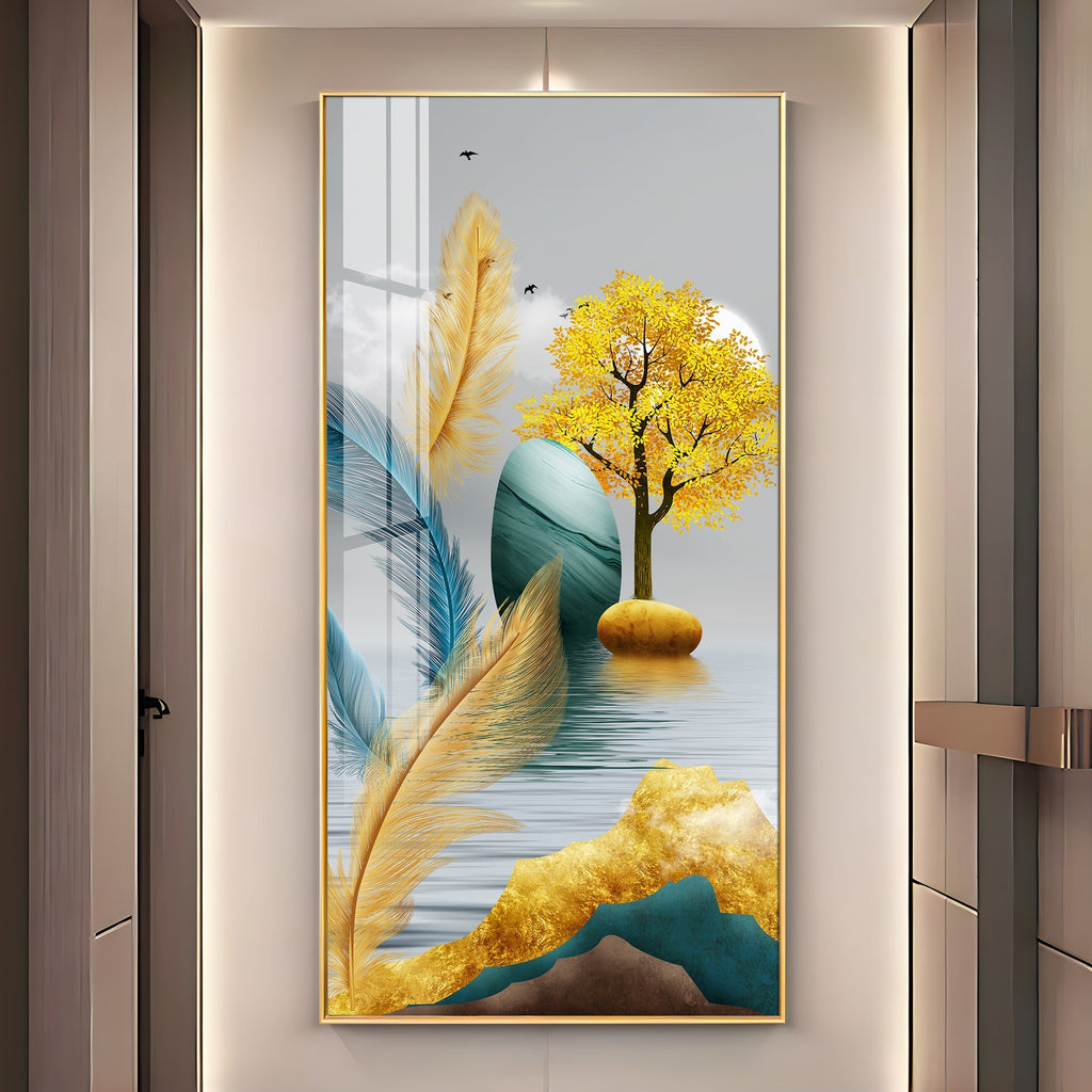 Elegant Feather and Tree Design Acrylic Wall Painting for Living Room Interior
