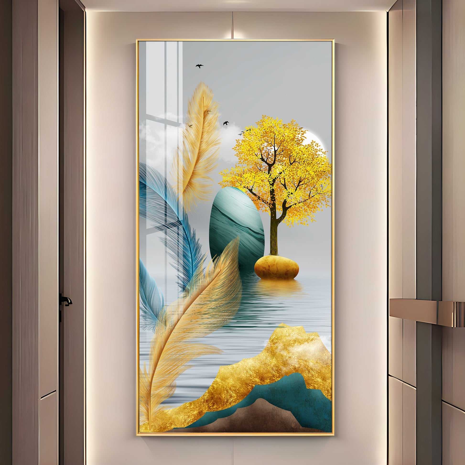 Elegant Feather and Tree Design Acrylic Wall Painting for Living Room Interior
