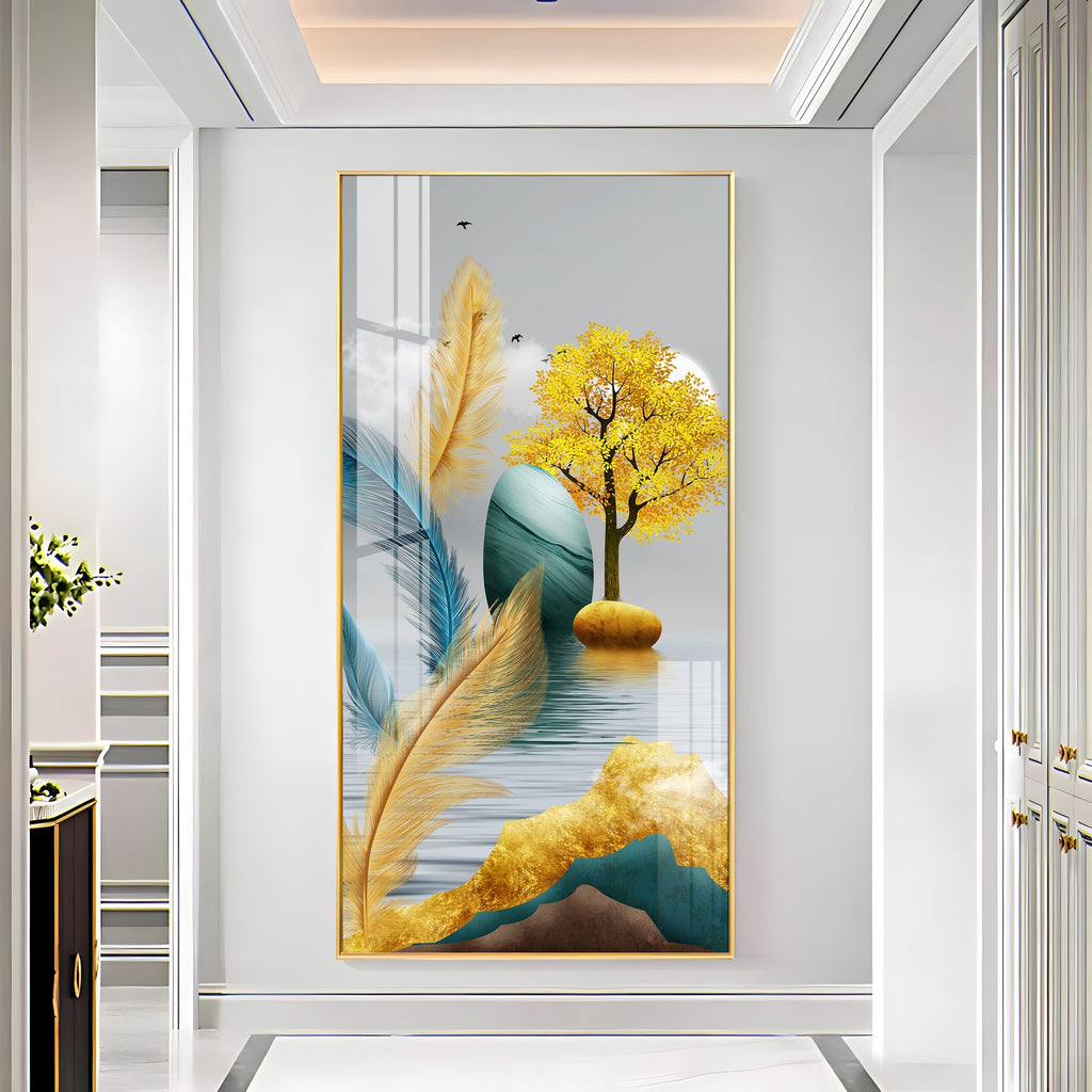 Elegant Feather and Tree Design Acrylic Wall Painting for Living Room Interior
