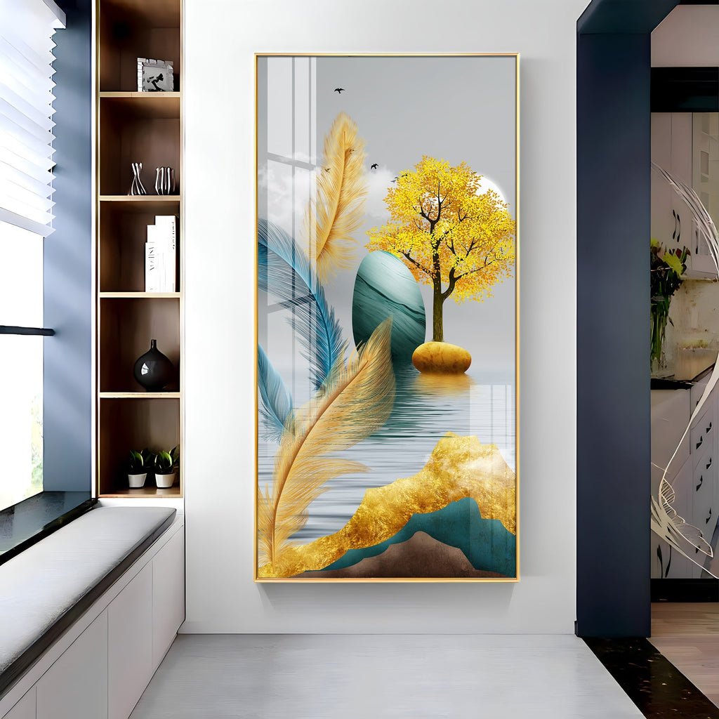Elegant Feather and Tree Design Acrylic Wall Painting for Living Room Interior