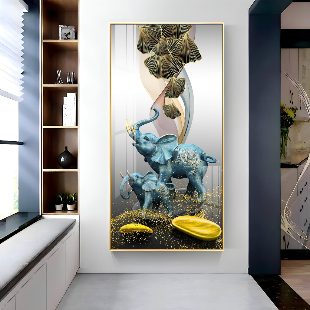Luxury Blue Elephant Family with Golden Abstract Elements Acrylic Wall Painting for Modern Home Decor