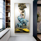 Luxury Blue Elephant Family with Golden Abstract Elements Acrylic Wall Painting for Modern Home Decor