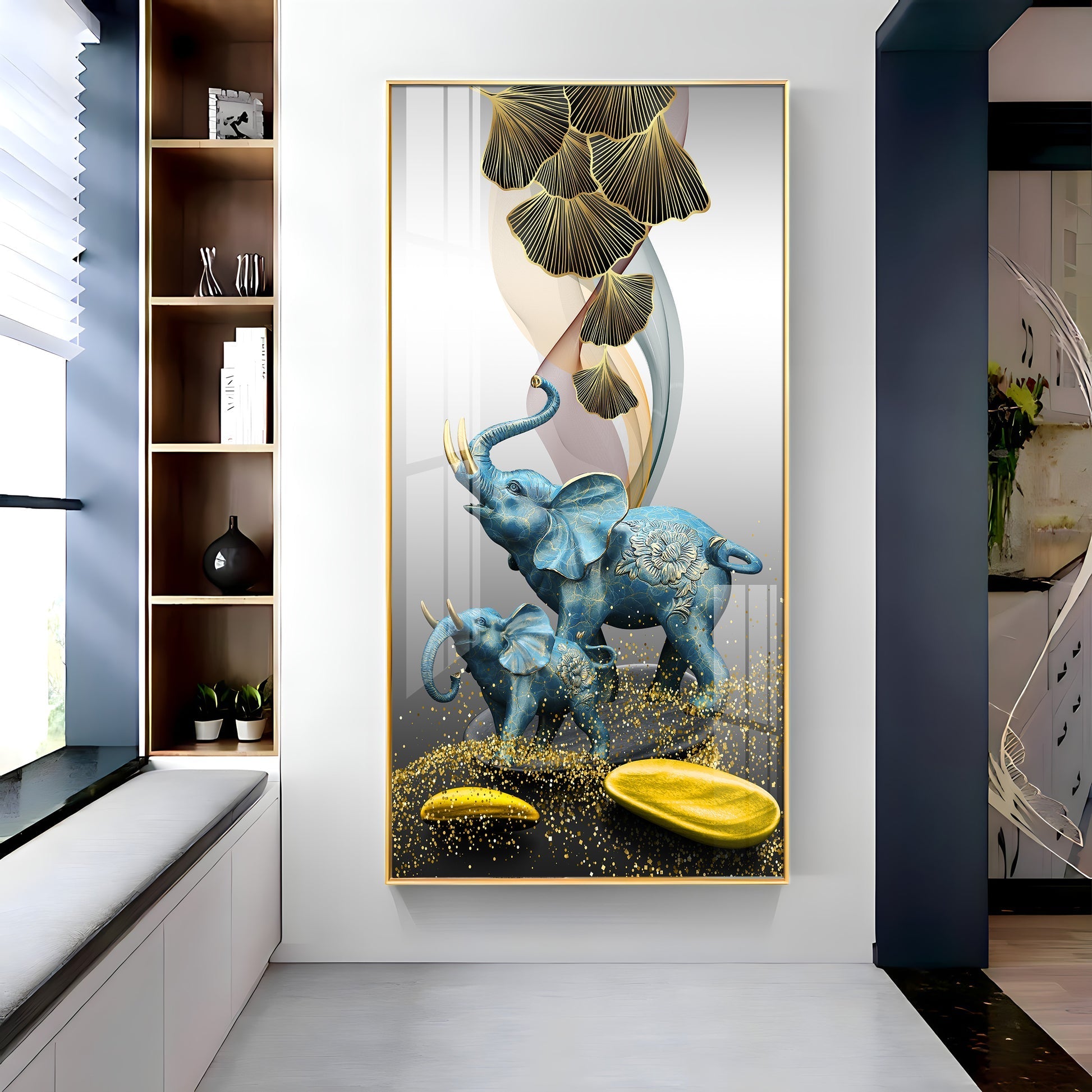 Luxury Blue Elephant Family with Golden Abstract Elements Acrylic Wall Painting for Modern Home Decor