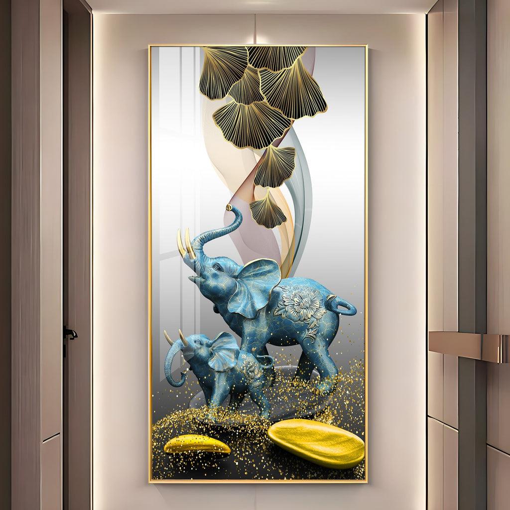 Luxury Blue Elephant Family with Golden Abstract Elements Acrylic Wall Painting for Modern Home Decor