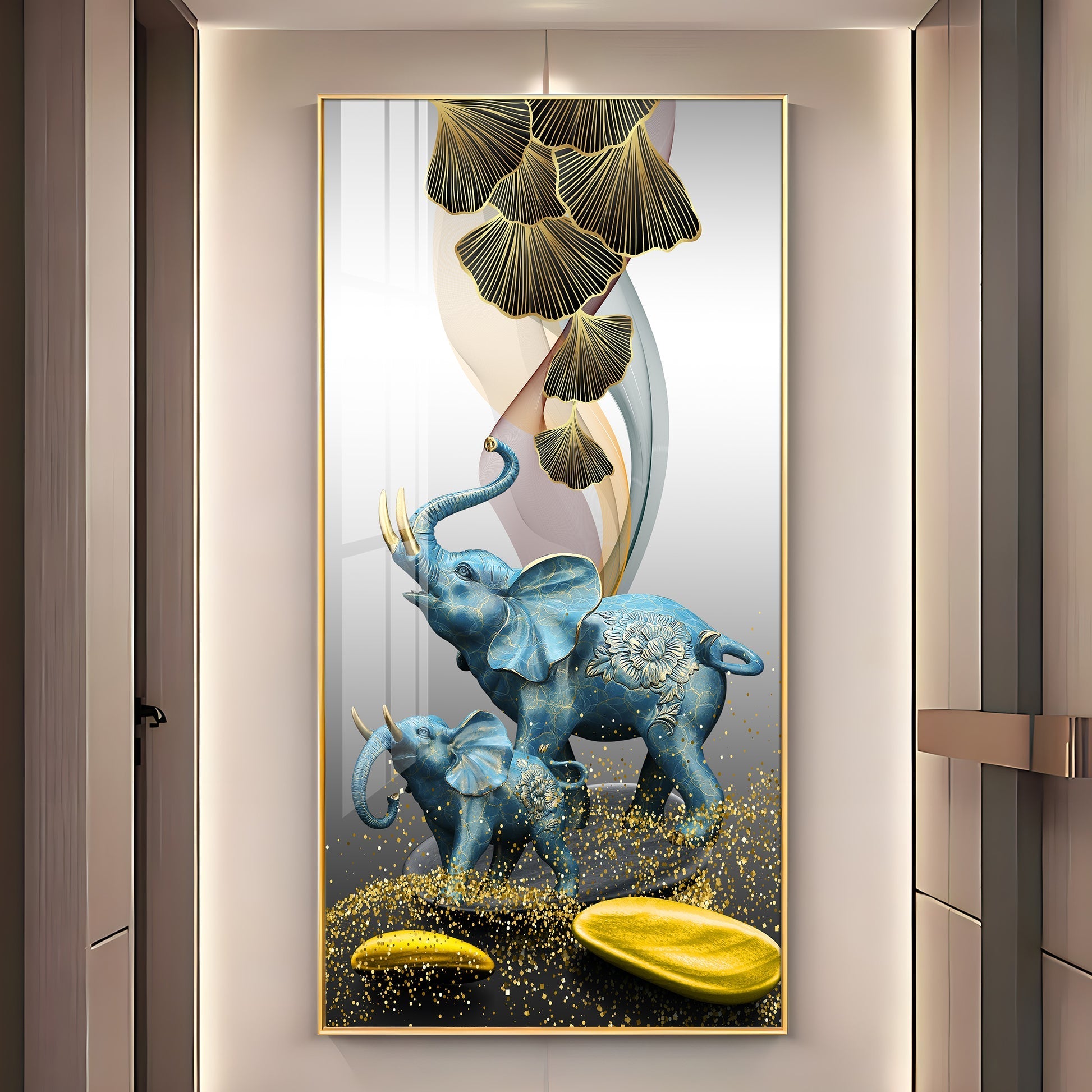 Luxury Blue Elephant Family with Golden Abstract Elements Acrylic Wall Painting for Modern Home Decor
