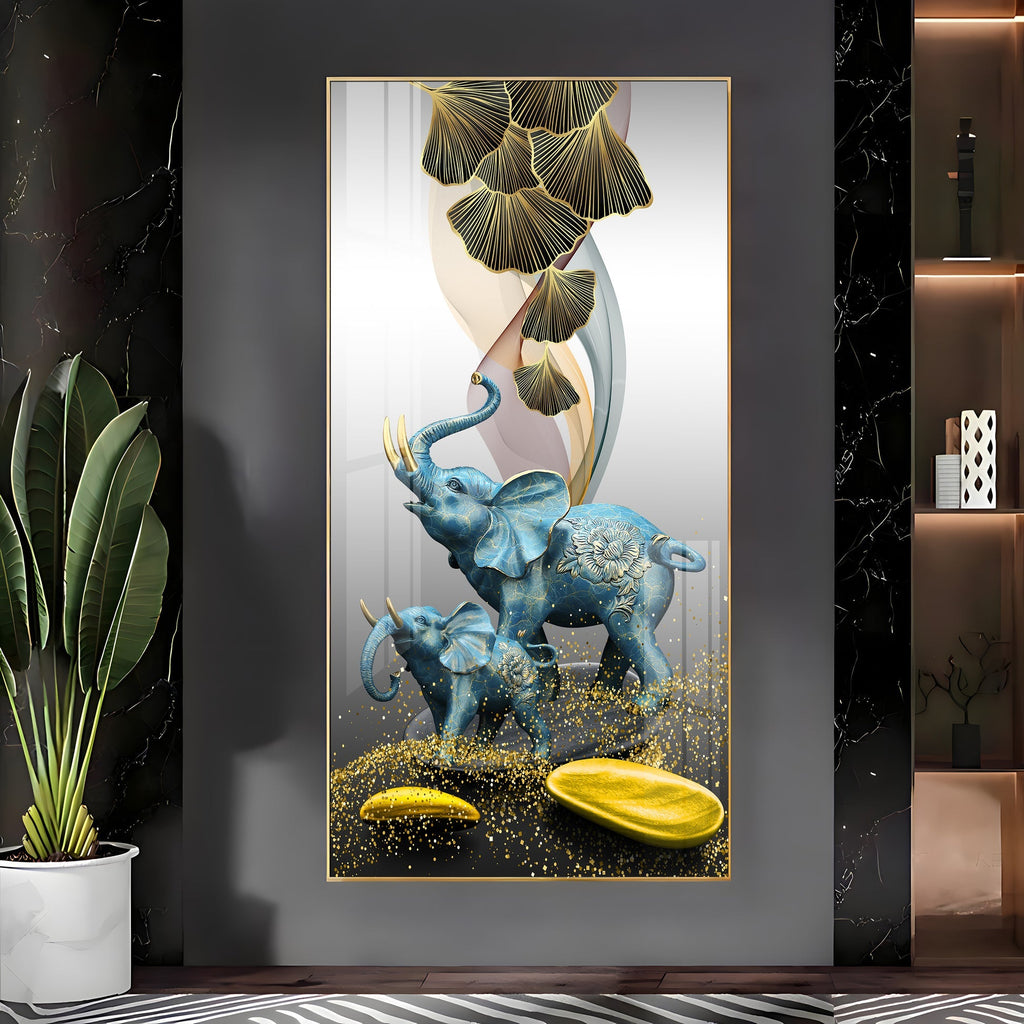 Luxury Blue Elephant Family with Golden Abstract Elements Acrylic Wall Painting for Modern Home Decor
