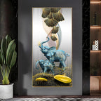 Luxury Blue Elephant Family with Golden Abstract Elements Acrylic Wall Painting for Modern Home Decor