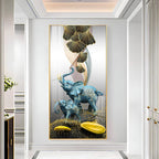 Luxury Blue Elephant Family with Golden Abstract Elements Acrylic Wall Painting for Modern Home Decor