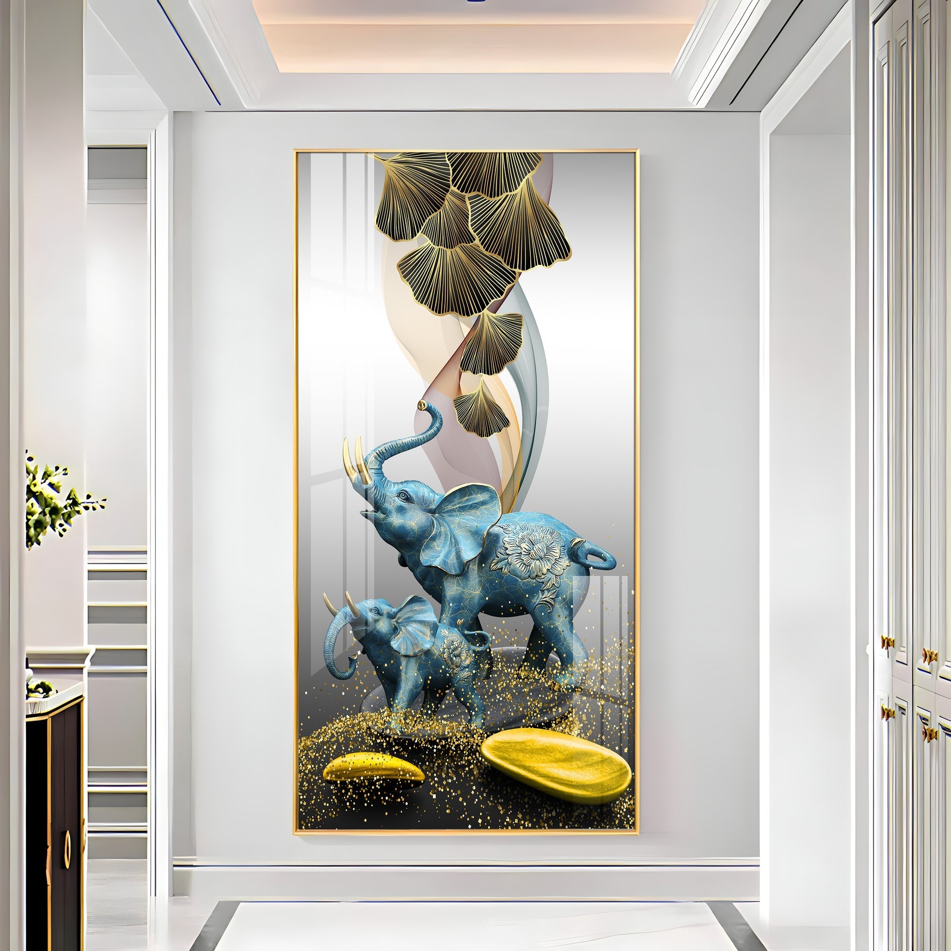 Luxury Blue Elephant Family with Golden Abstract Elements Acrylic Wall Painting for Modern Home Decor