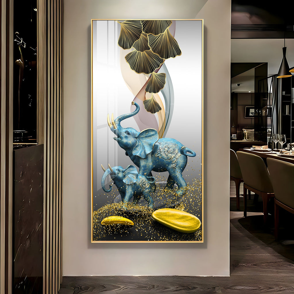 Luxury Blue Elephant Family with Golden Abstract Elements Acrylic Wall Painting for Modern Home Decor