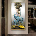Luxury Blue Elephant Family with Golden Abstract Elements Acrylic Wall Painting for Modern Home Decor