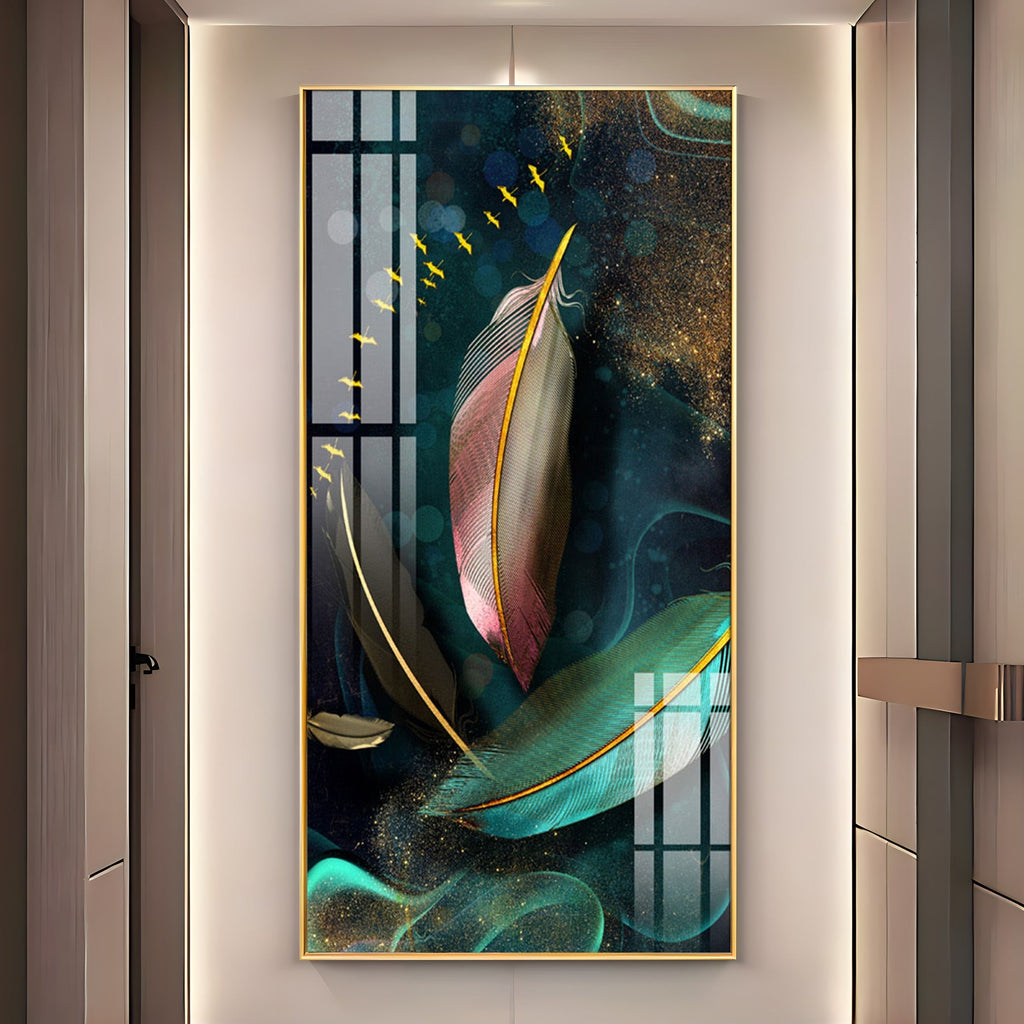 Elegant Abstract Feather Art with Golden Accents Acrylic Wall Painting for Modern Home Decor