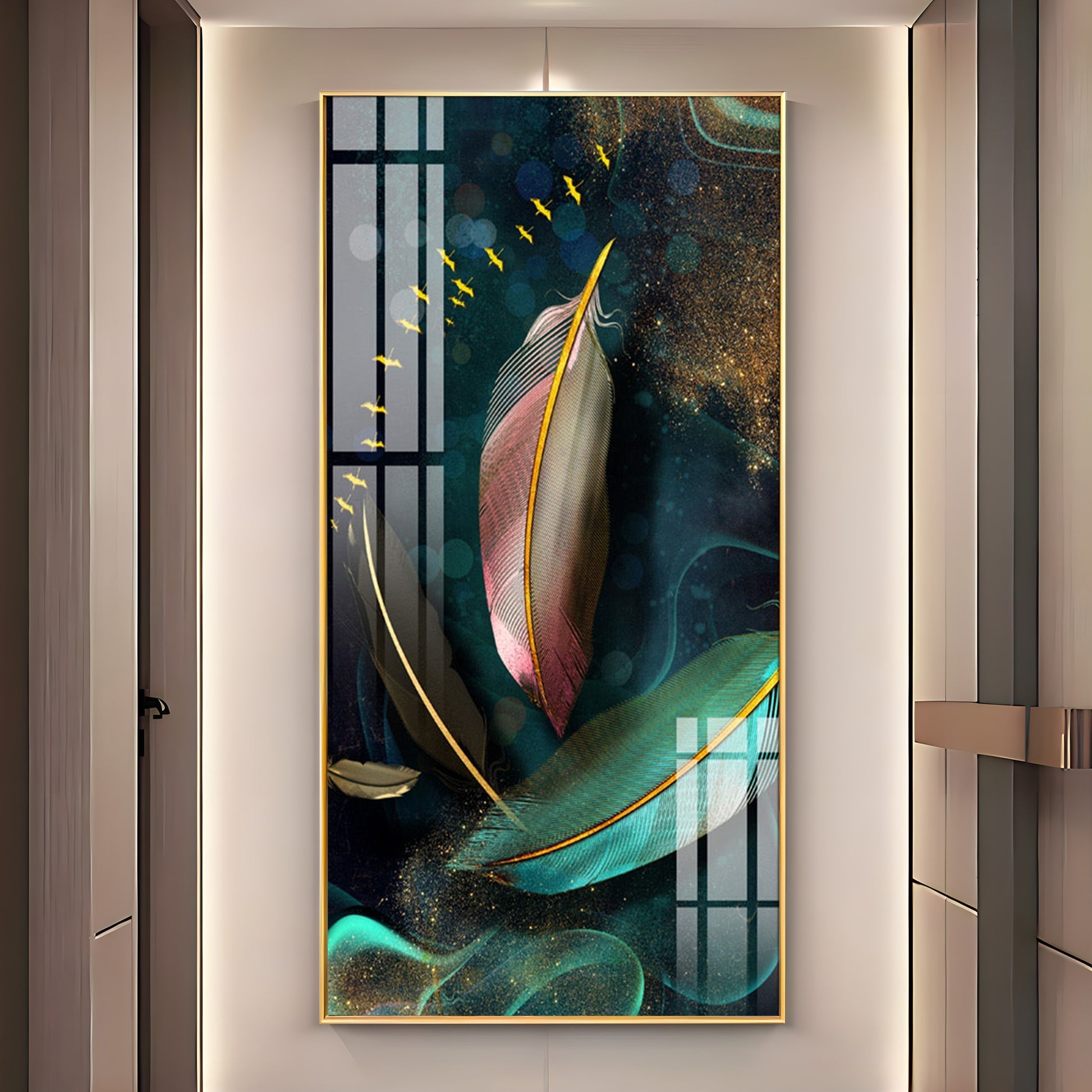 Elegant Abstract Feather Art with Golden Accents Acrylic Wall Painting for Modern Home Decor