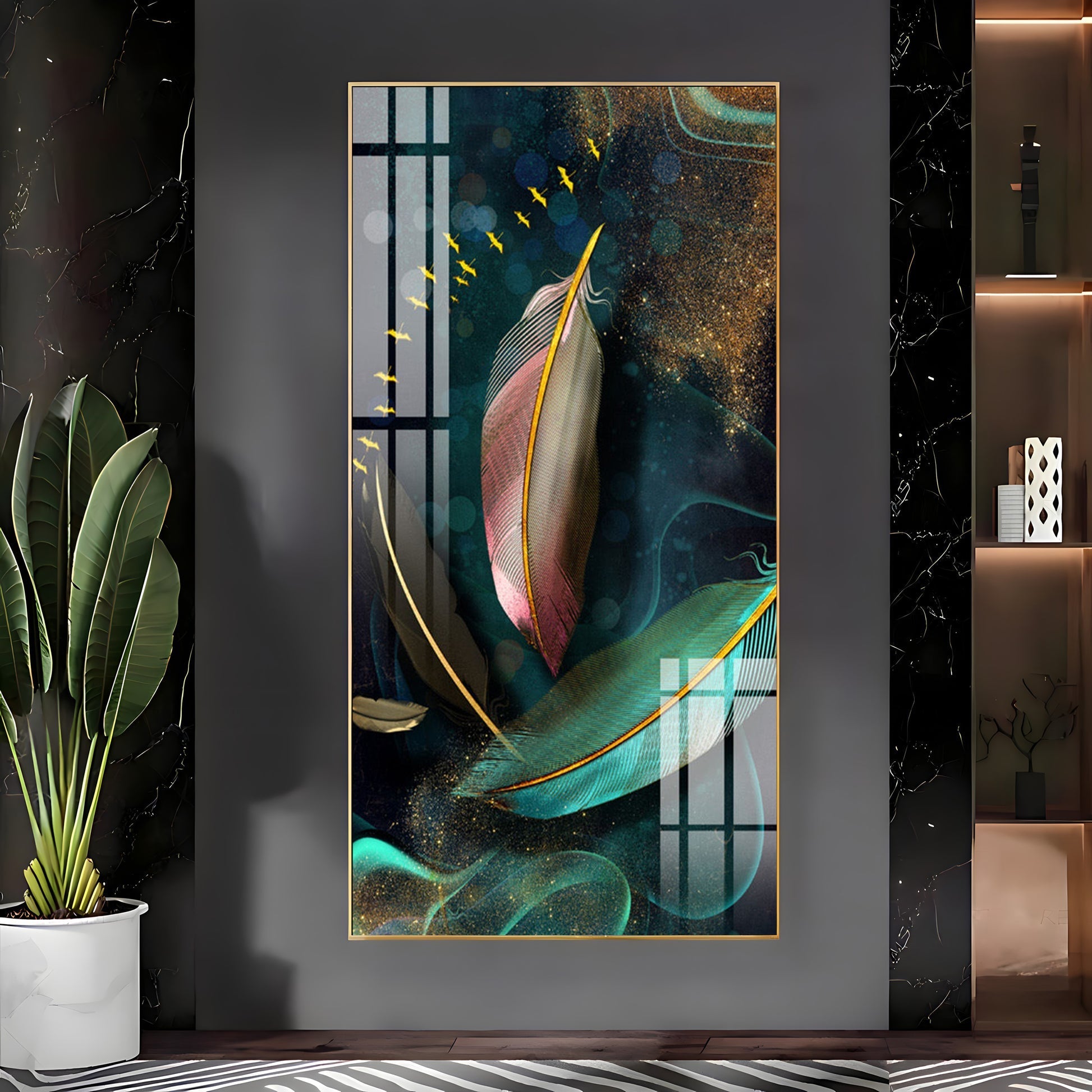 Elegant Abstract Feather Art with Golden Accents Acrylic Wall Painting for Modern Home Decor