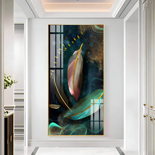 Elegant Abstract Feather Art with Golden Accents Acrylic Wall Painting for Modern Home Decor
