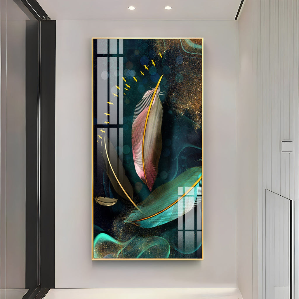 Elegant Abstract Feather Art with Golden Accents Acrylic Wall Painting for Modern Home Decor