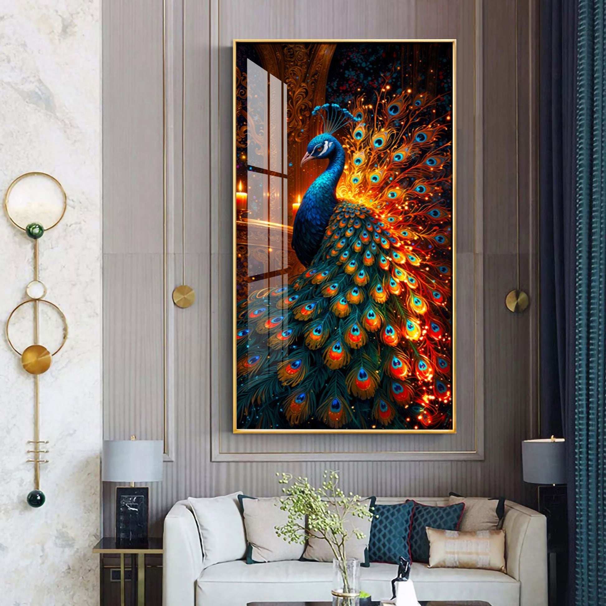 Royal Peacock Glow Acrylic Wall Painting for Luxurious Home Decor
