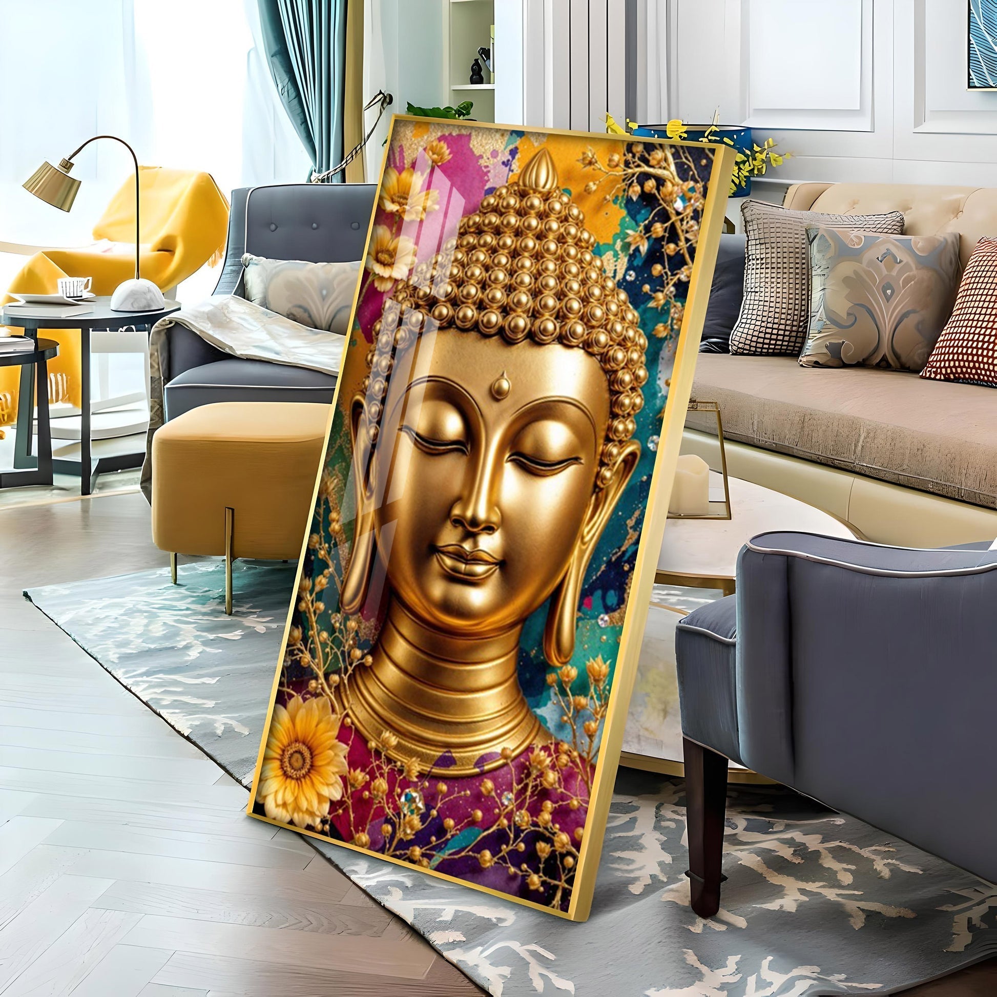 Spiritual Golden Buddha Acrylic Wall Painting for Meditation Spaces