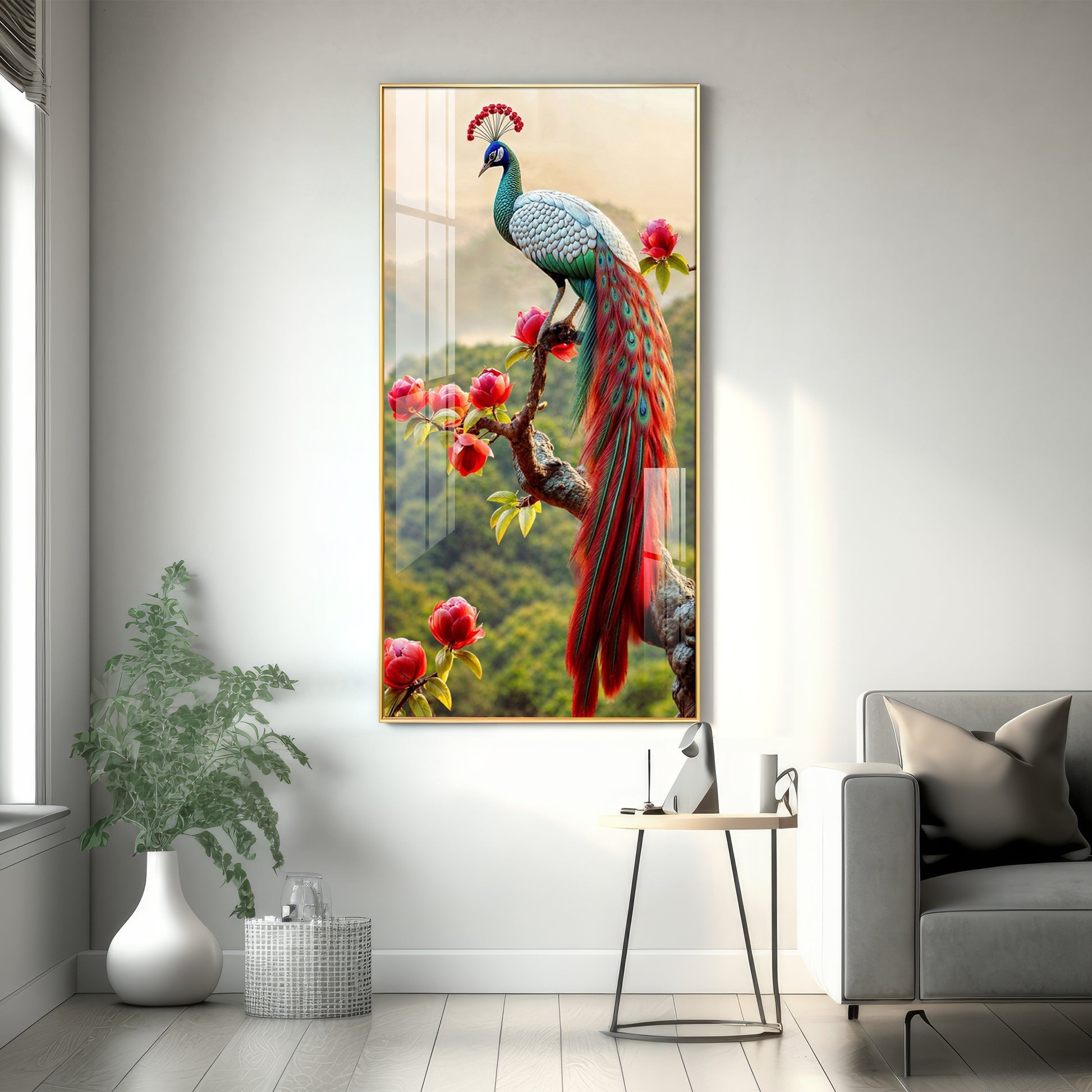 Colorful Peacock with Floral Accents Acrylic Wall Painting for Luxury Interiors