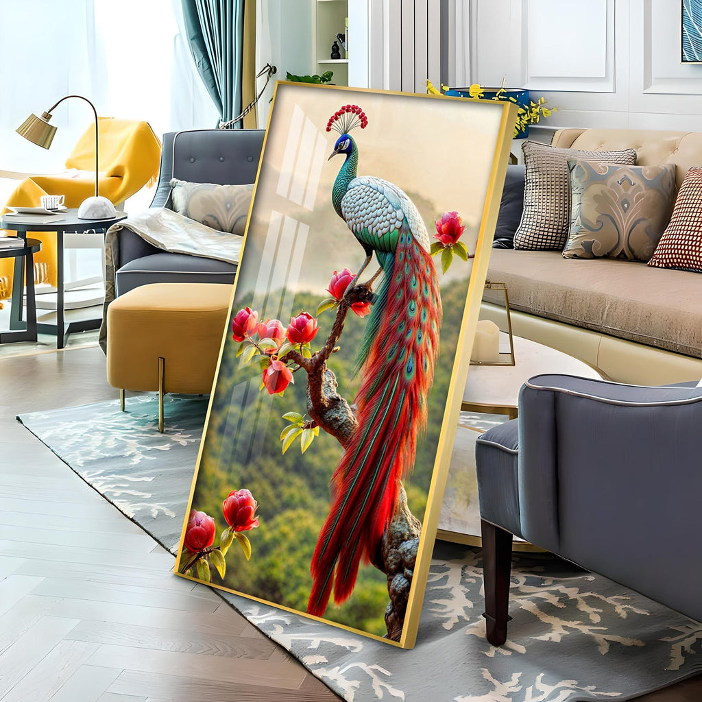 Colorful Peacock with Floral Accents Acrylic Wall Painting for Luxury Interiors