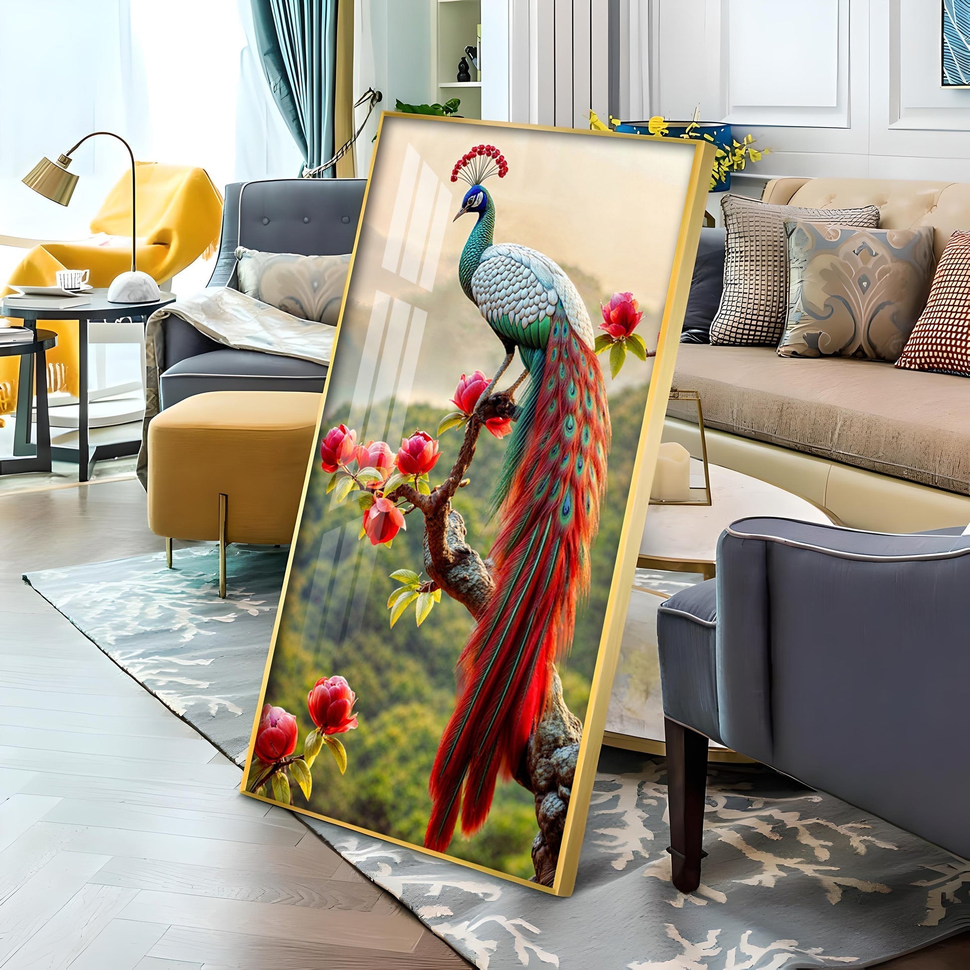 Colorful Peacock with Floral Accents Acrylic Wall Painting for Luxury Interiors