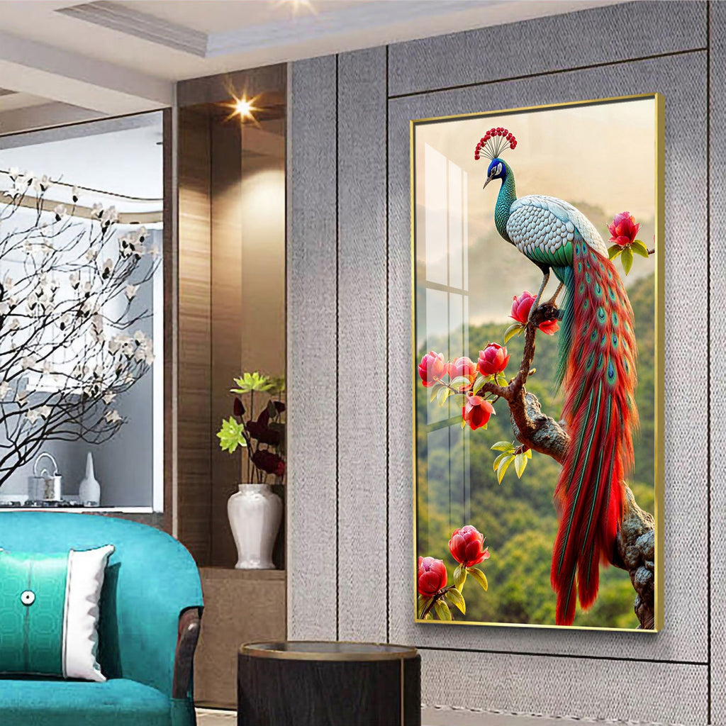 Colorful Peacock with Floral Accents Acrylic Wall Painting for Luxury Interiors