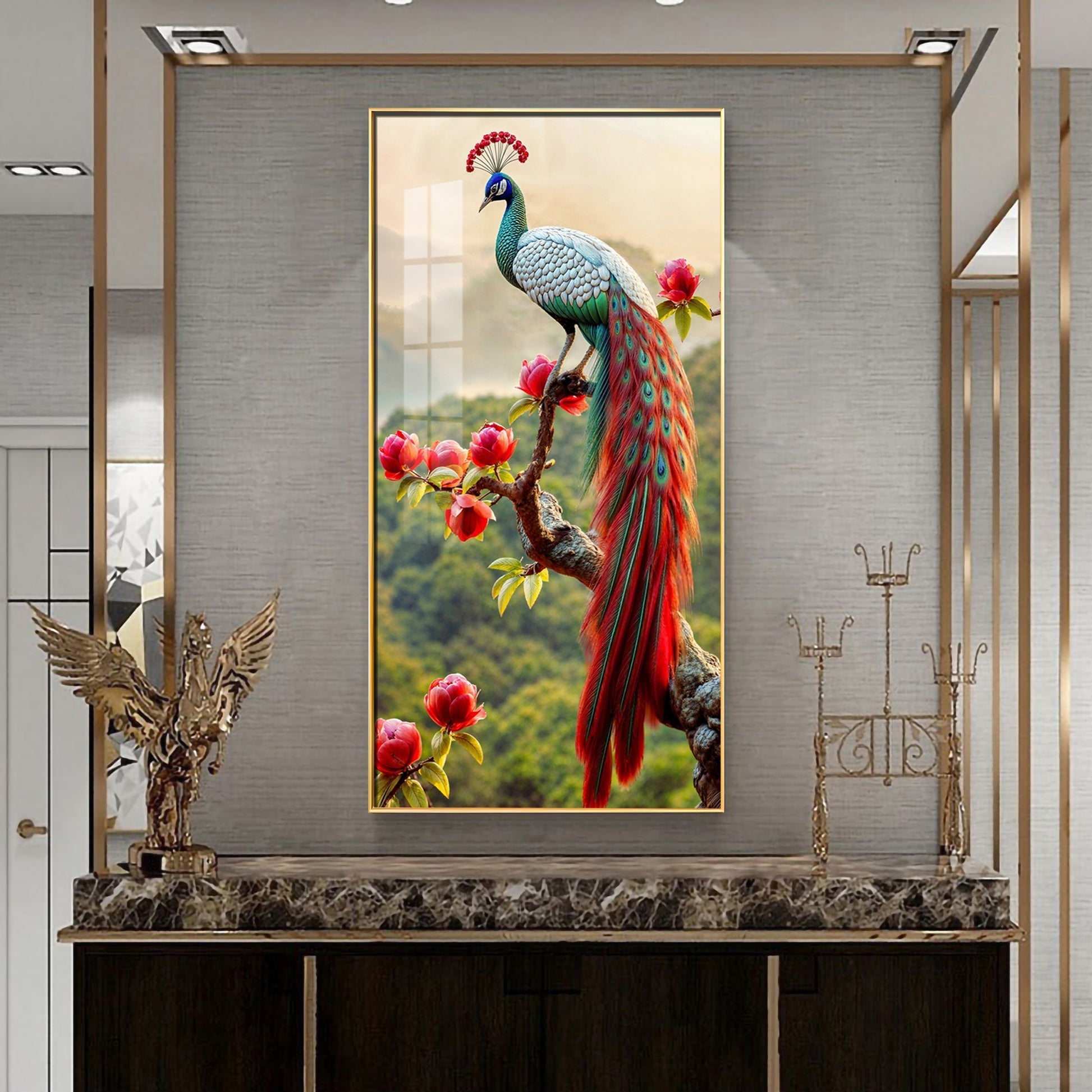 Colorful Peacock with Floral Accents Acrylic Wall Painting for Luxury Interiors