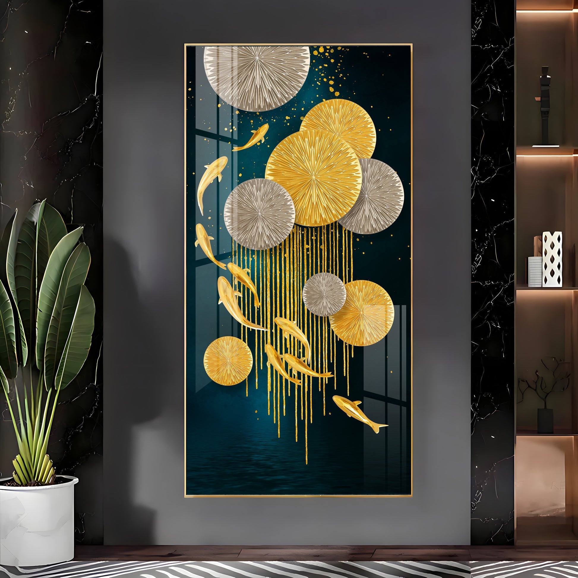 Abstract Gold Fish and Circles Acrylic Wall Painting for Elegant Home Decor
