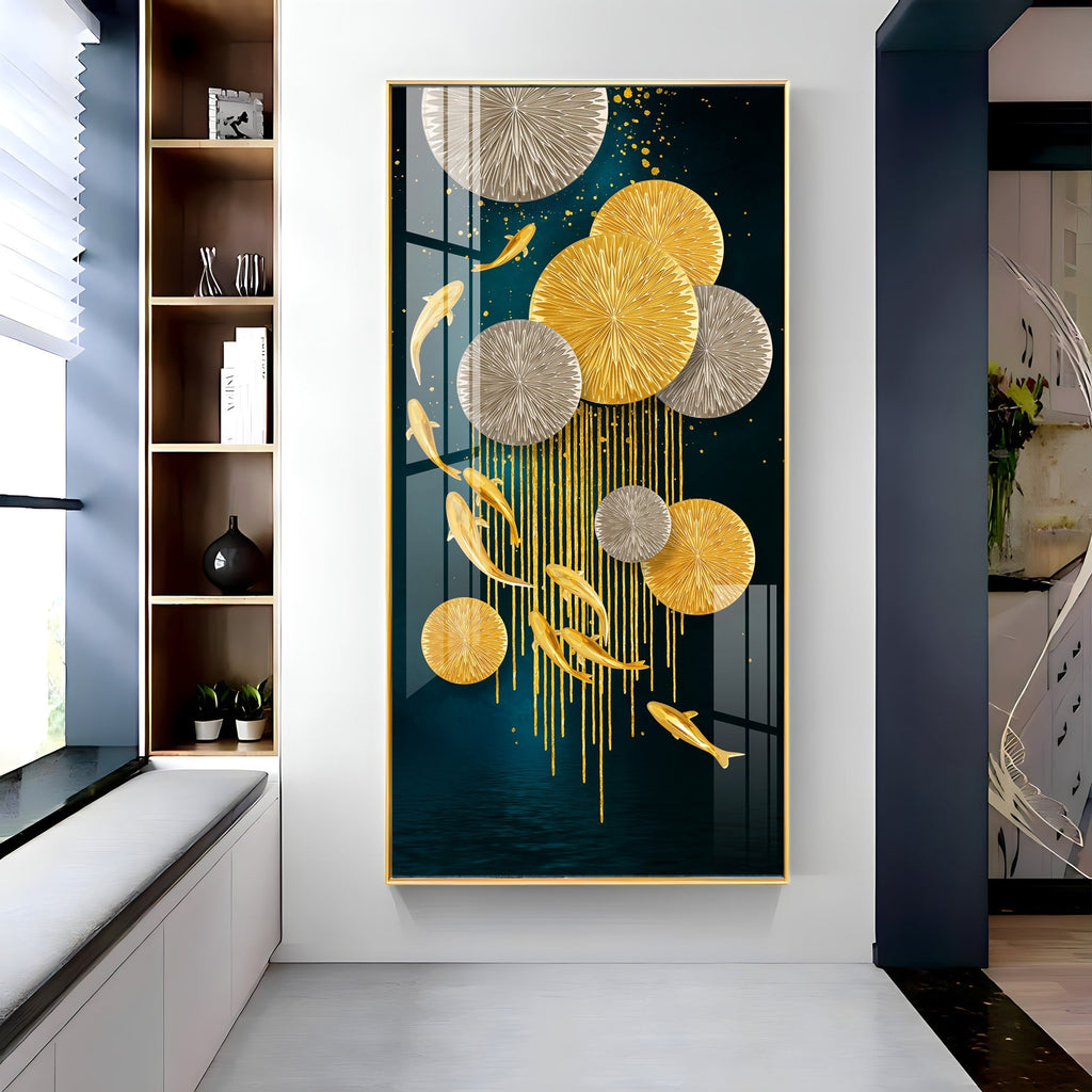 Abstract Gold Fish and Circles Acrylic Wall Painting for Elegant Home Decor