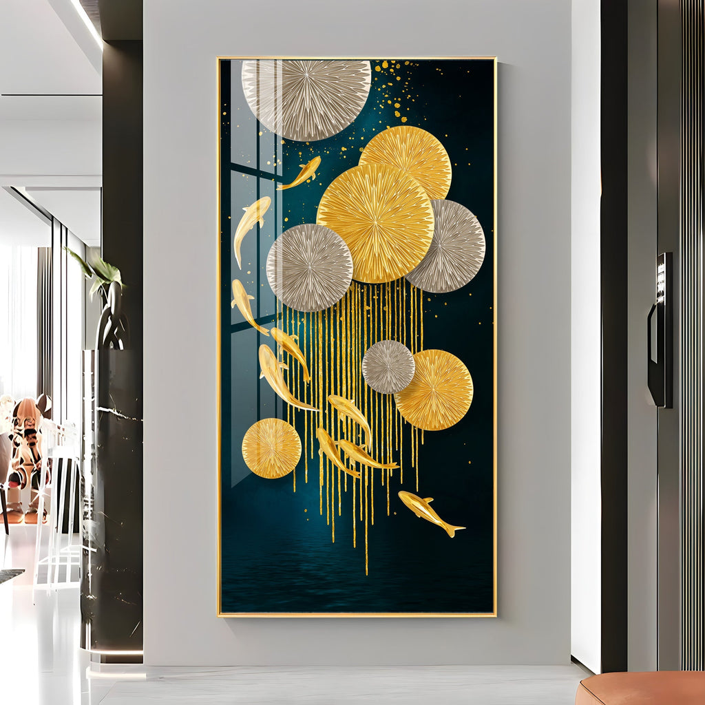 Abstract Gold Fish and Circles Acrylic Wall Painting for Elegant Home Decor