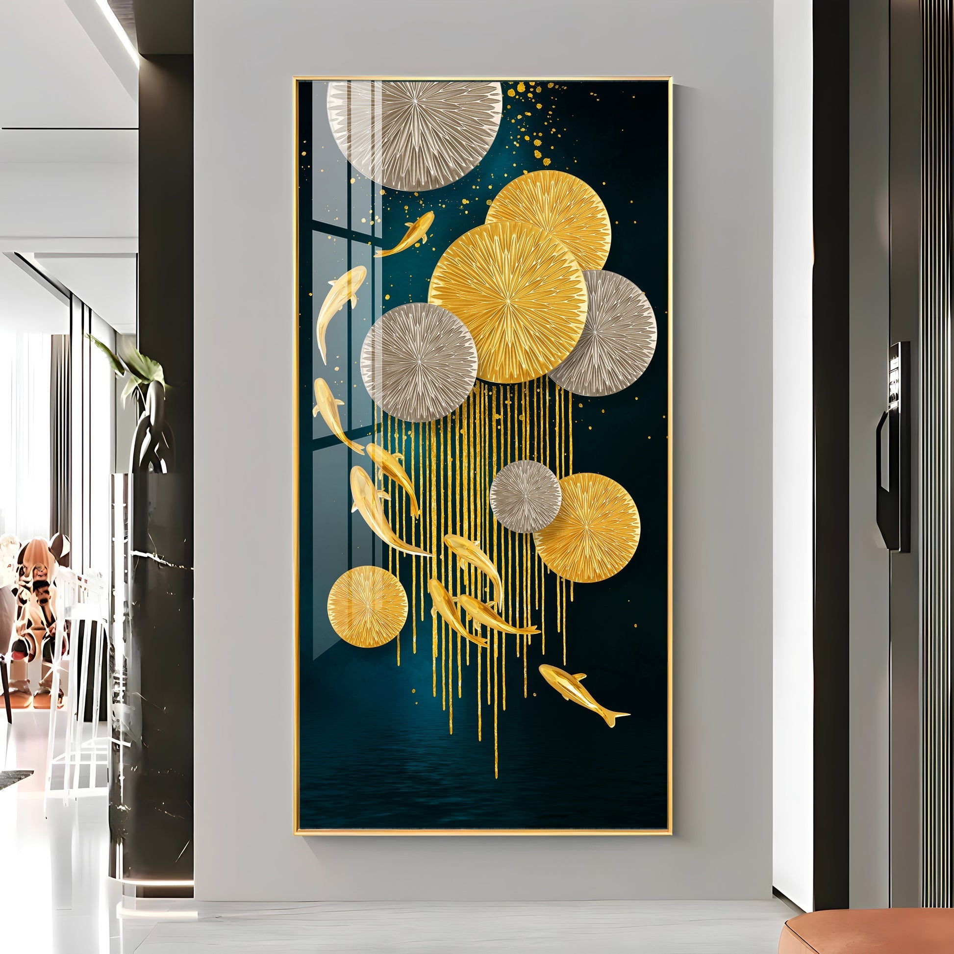 Abstract Gold Fish and Circles Acrylic Wall Painting for Elegant Home Decor