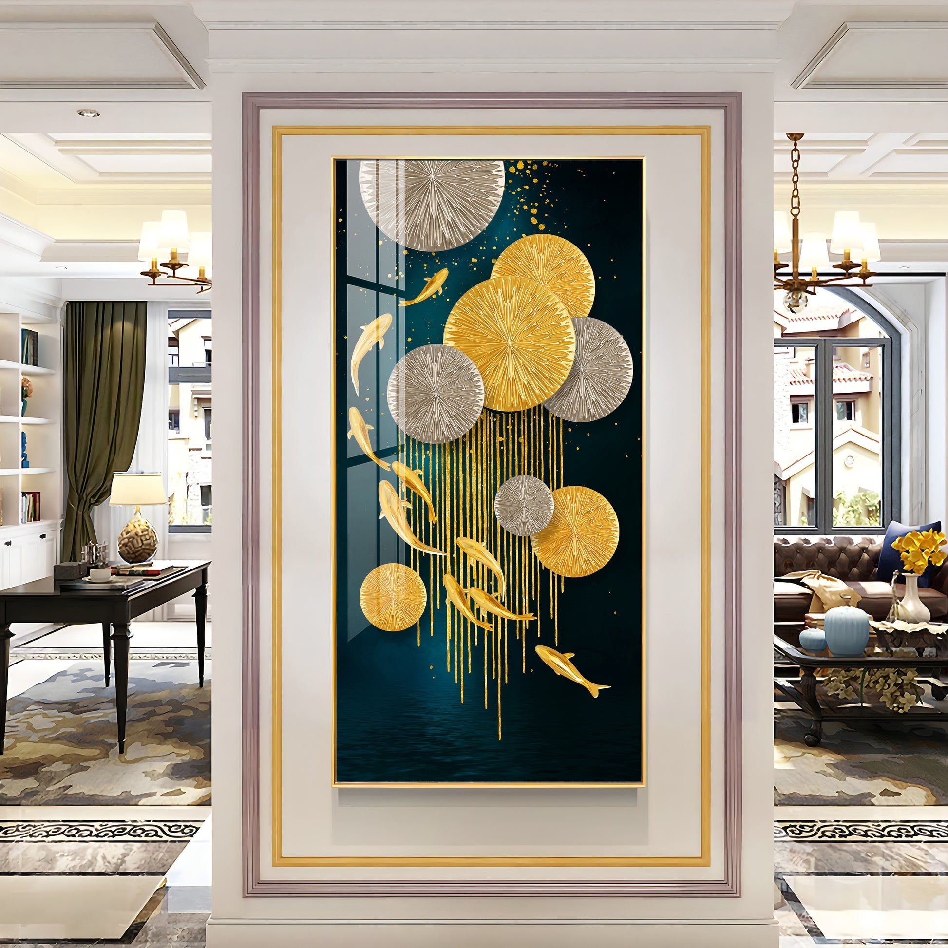 Abstract Gold Fish and Circles Acrylic Wall Painting for Elegant Home Decor