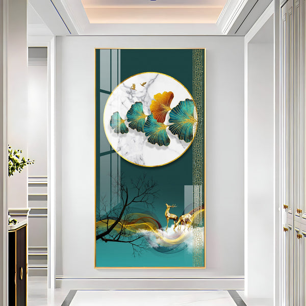 Luxury Teal and Gold Nature Acrylic Wall Painting with Deer Motif for Stylish Decor