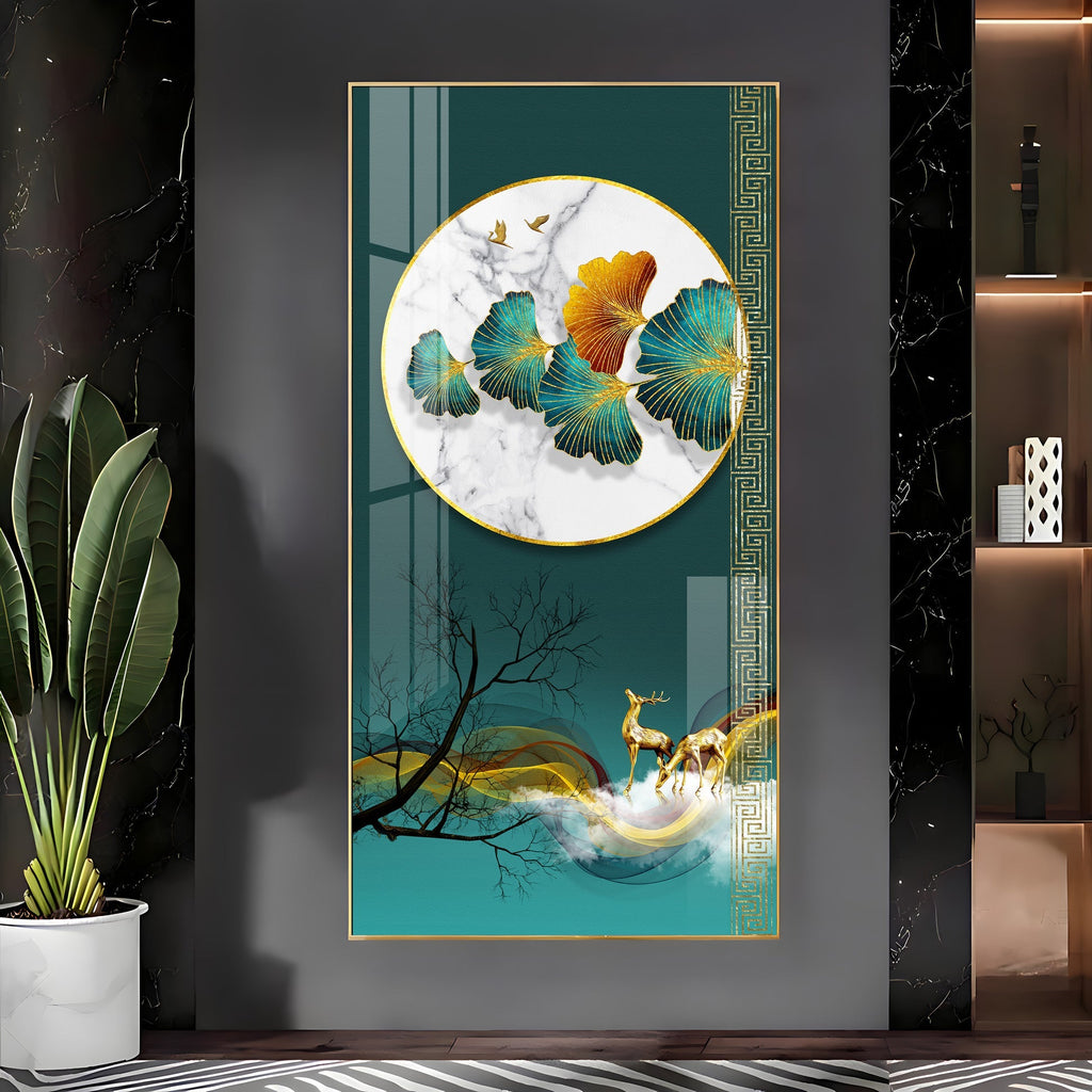 Luxury Teal and Gold Nature Acrylic Wall Painting with Deer Motif for Stylish Decor