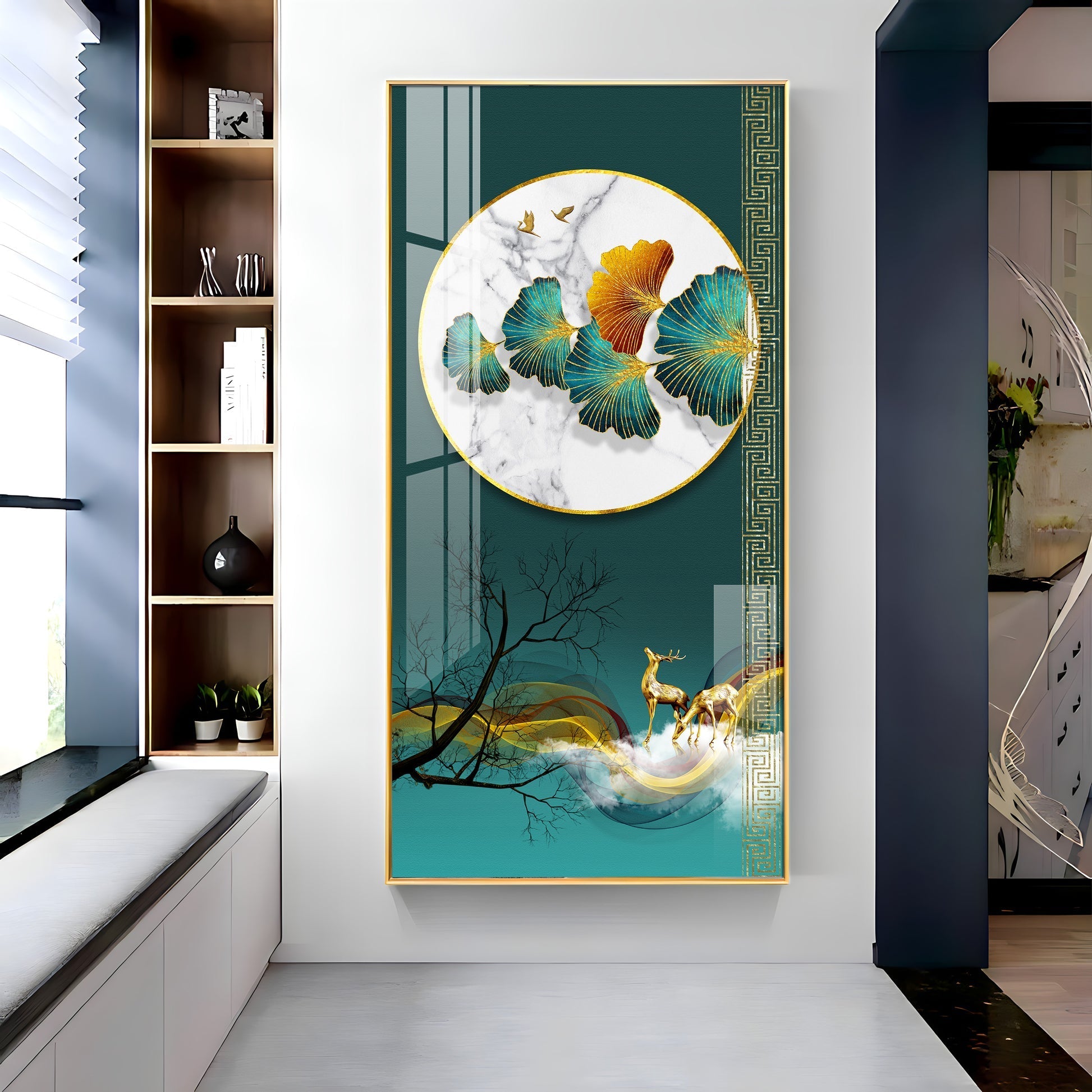 Luxury Teal and Gold Nature Acrylic Wall Painting with Deer Motif for Stylish Decor