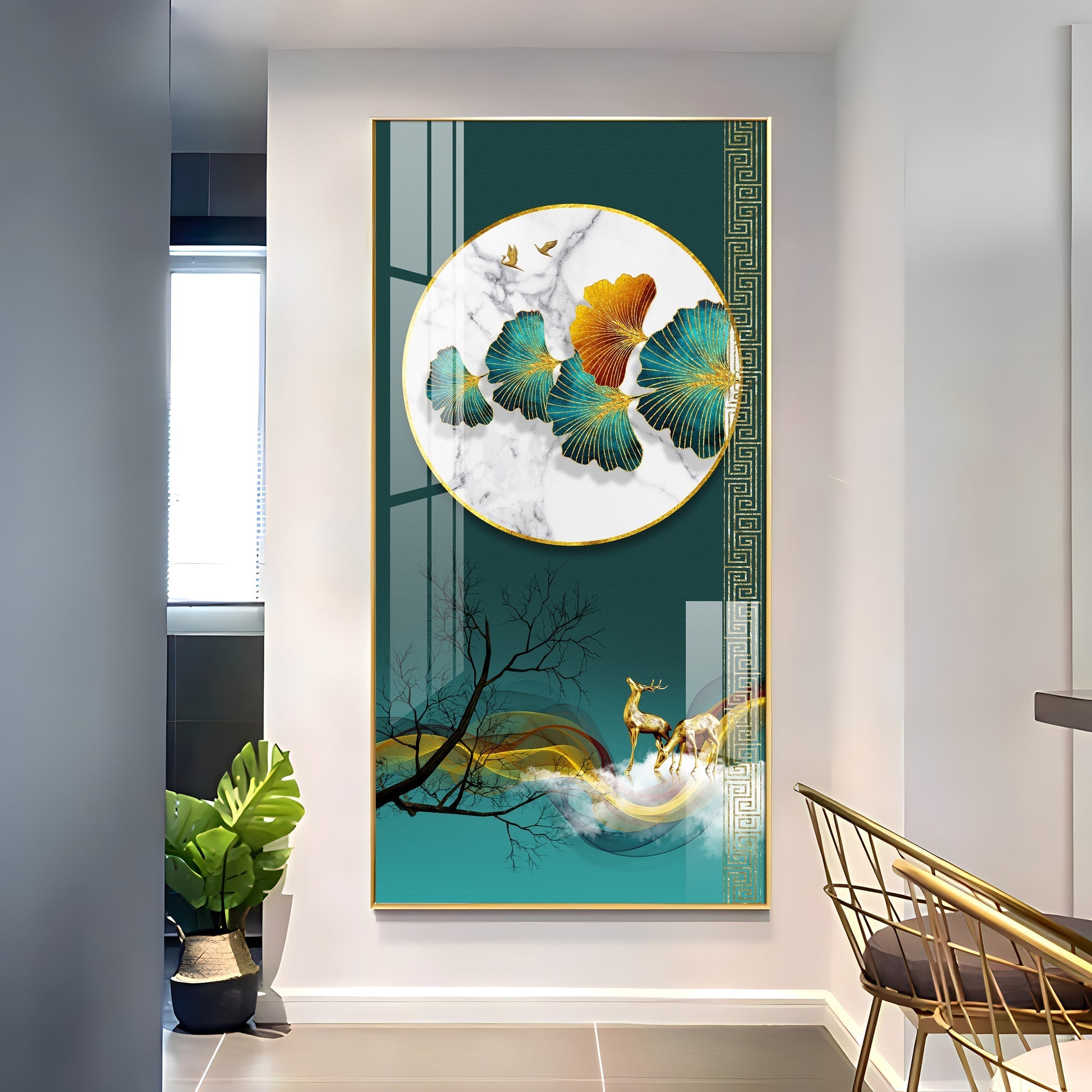 Luxury Teal and Gold Nature Acrylic Wall Painting with Deer Motif for Stylish Decor