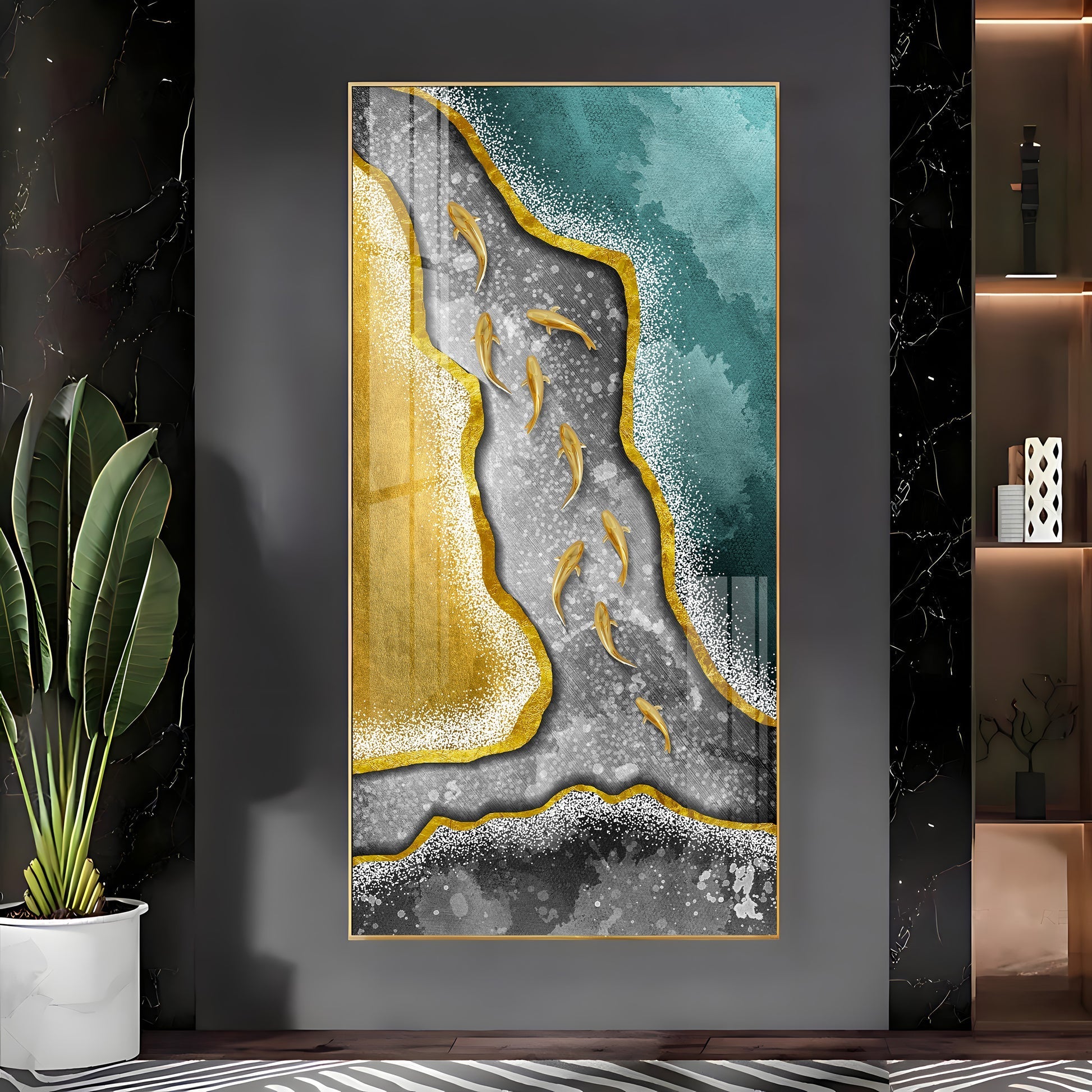 Luxury Abstract Water Flow with Koi Acrylic Wall Painting for Premium Spaces