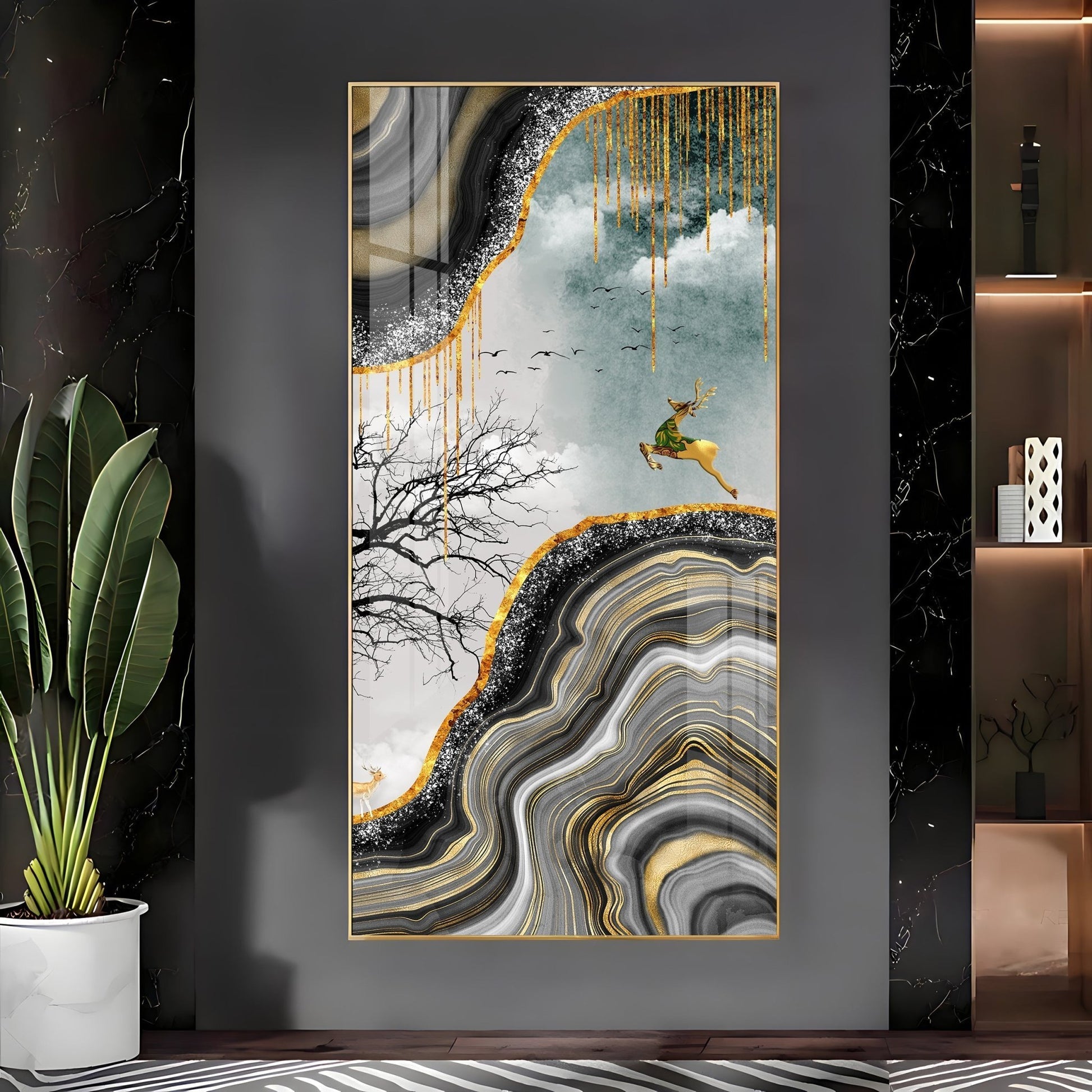 Elegant Black Gold Landscape with Running Deer Acrylic Wall Painting for Modern Decor