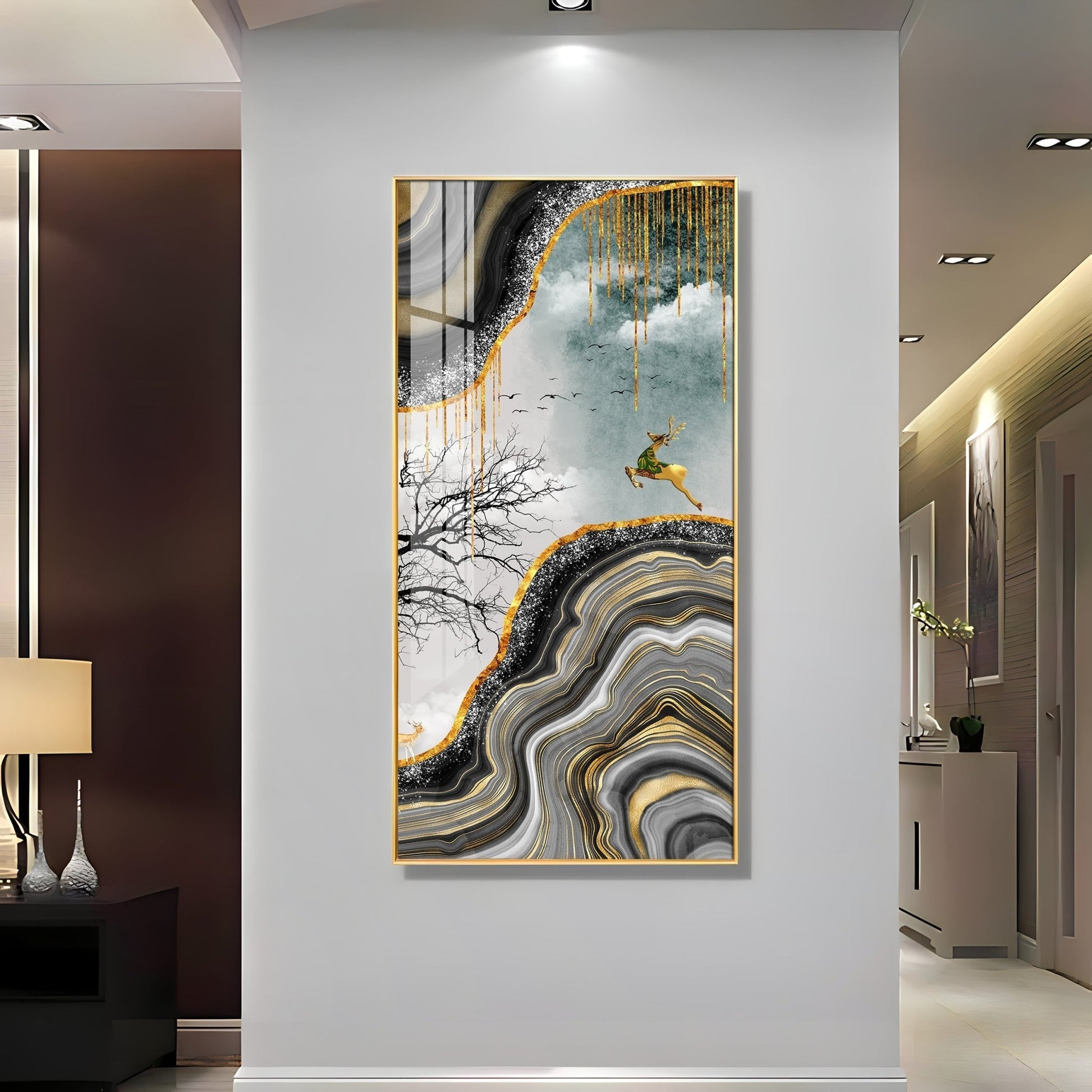 Elegant Black Gold Landscape with Running Deer Acrylic Wall Painting for Modern Decor