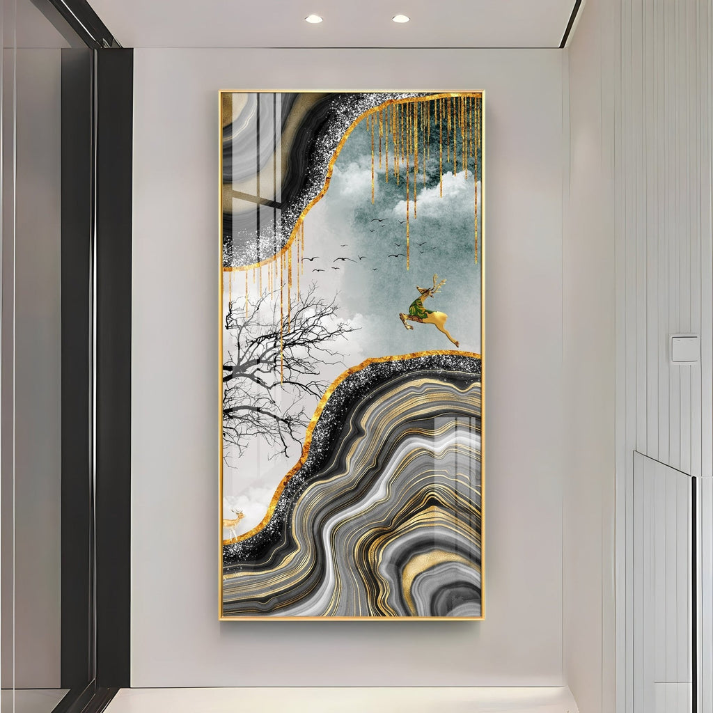 Elegant Black Gold Landscape with Running Deer Acrylic Wall Painting for Modern Decor