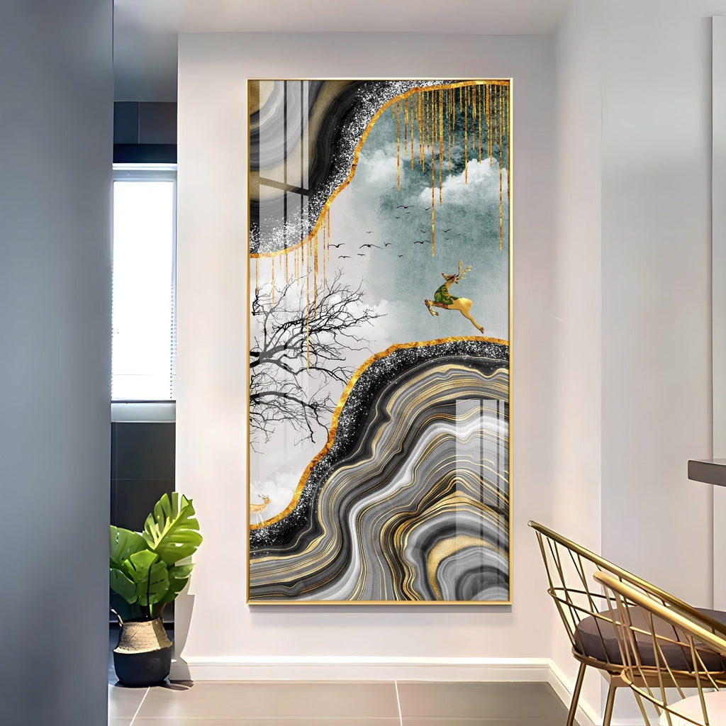 Elegant Black Gold Landscape with Running Deer Acrylic Wall Painting for Modern Decor