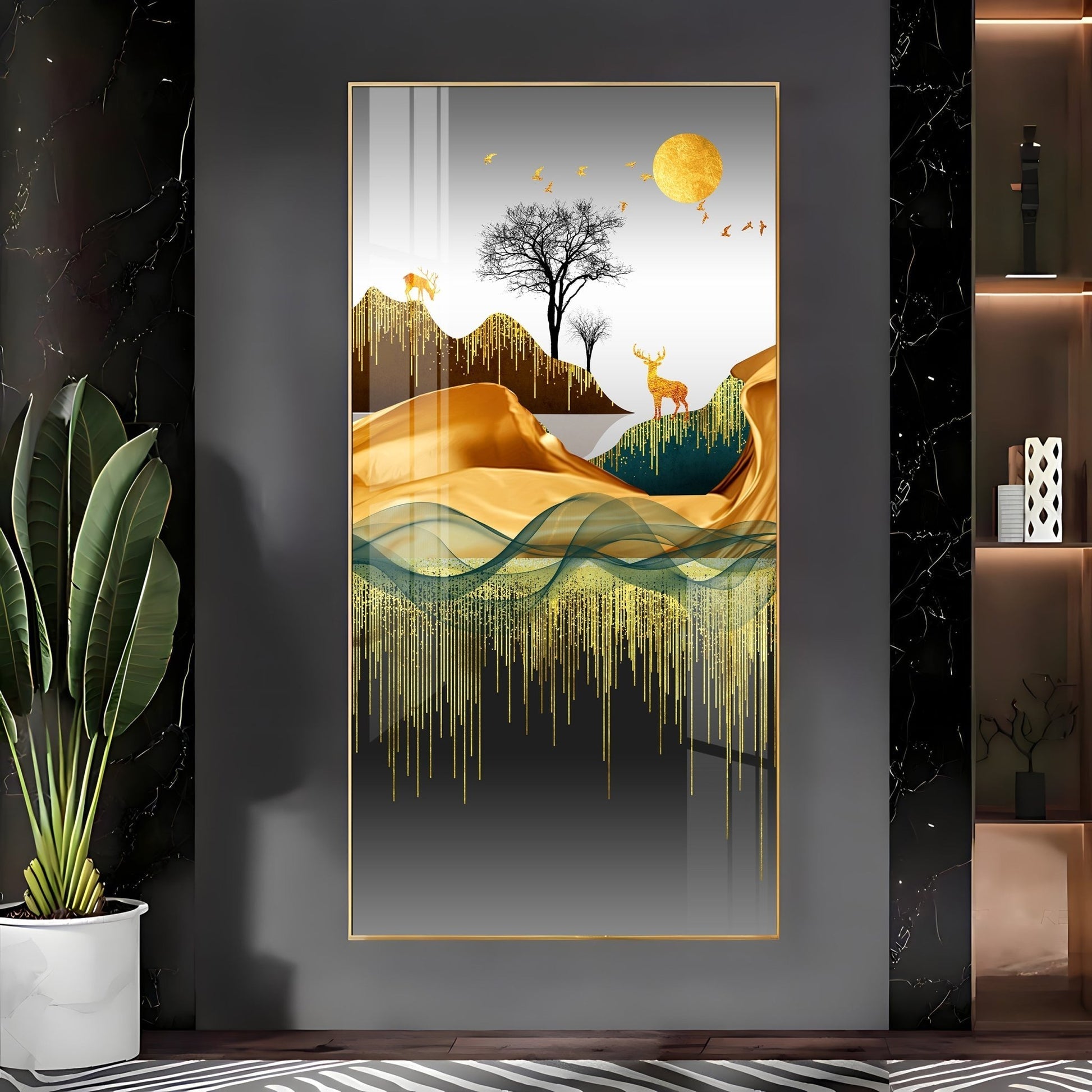 Elegant Nature Scene with Golden Accents Acrylic Wall Painting for Stylish Spaces