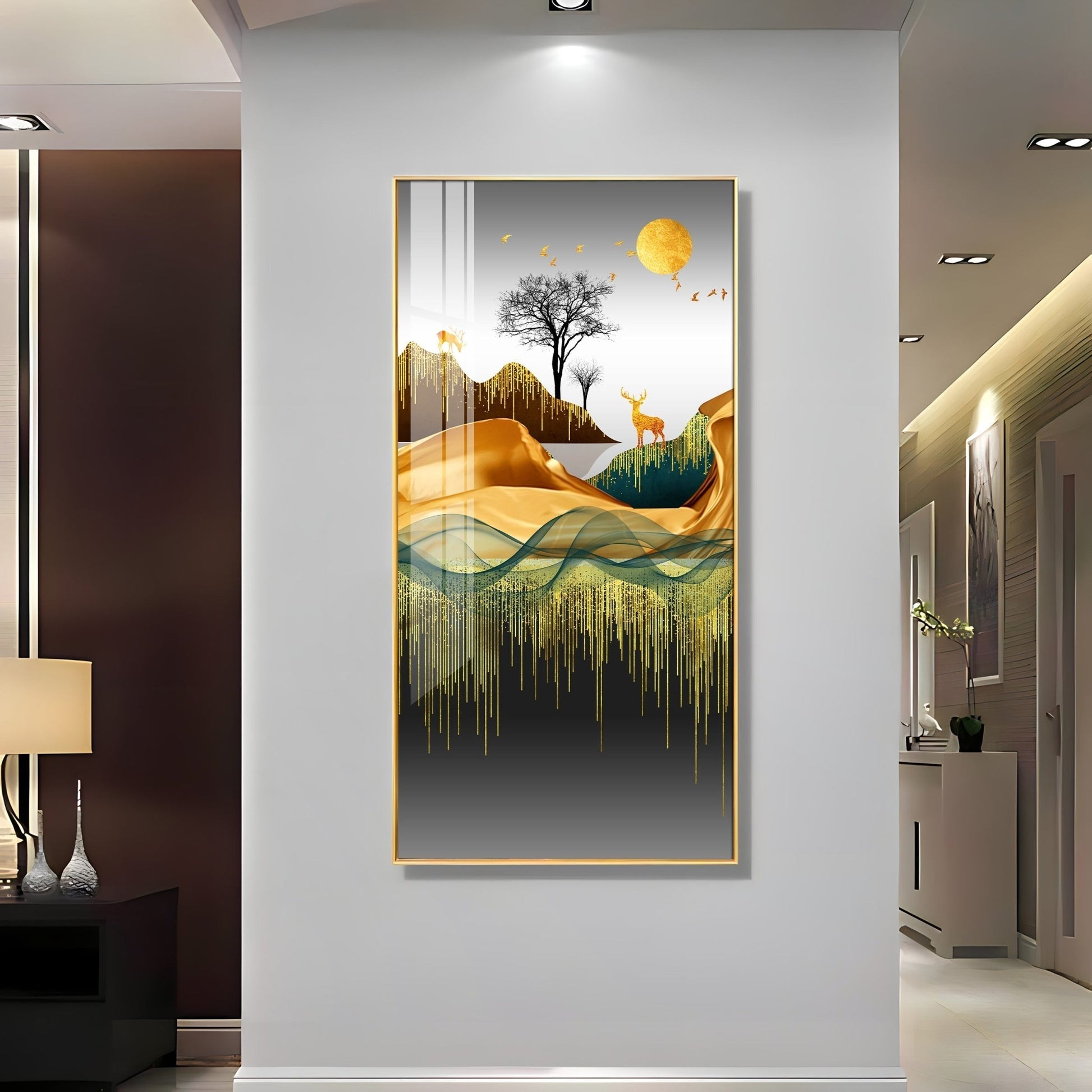 Elegant Nature Scene with Golden Accents Acrylic Wall Painting for Stylish Spaces