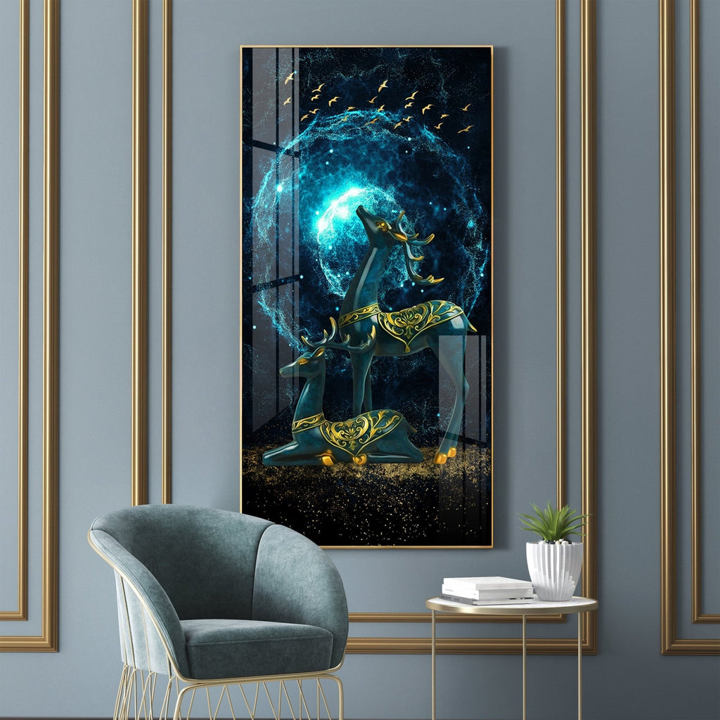 Modern Fantasy Deer Acrylic Wall Painting with Glowing Galaxy Effect and Artistic Golden Finish
