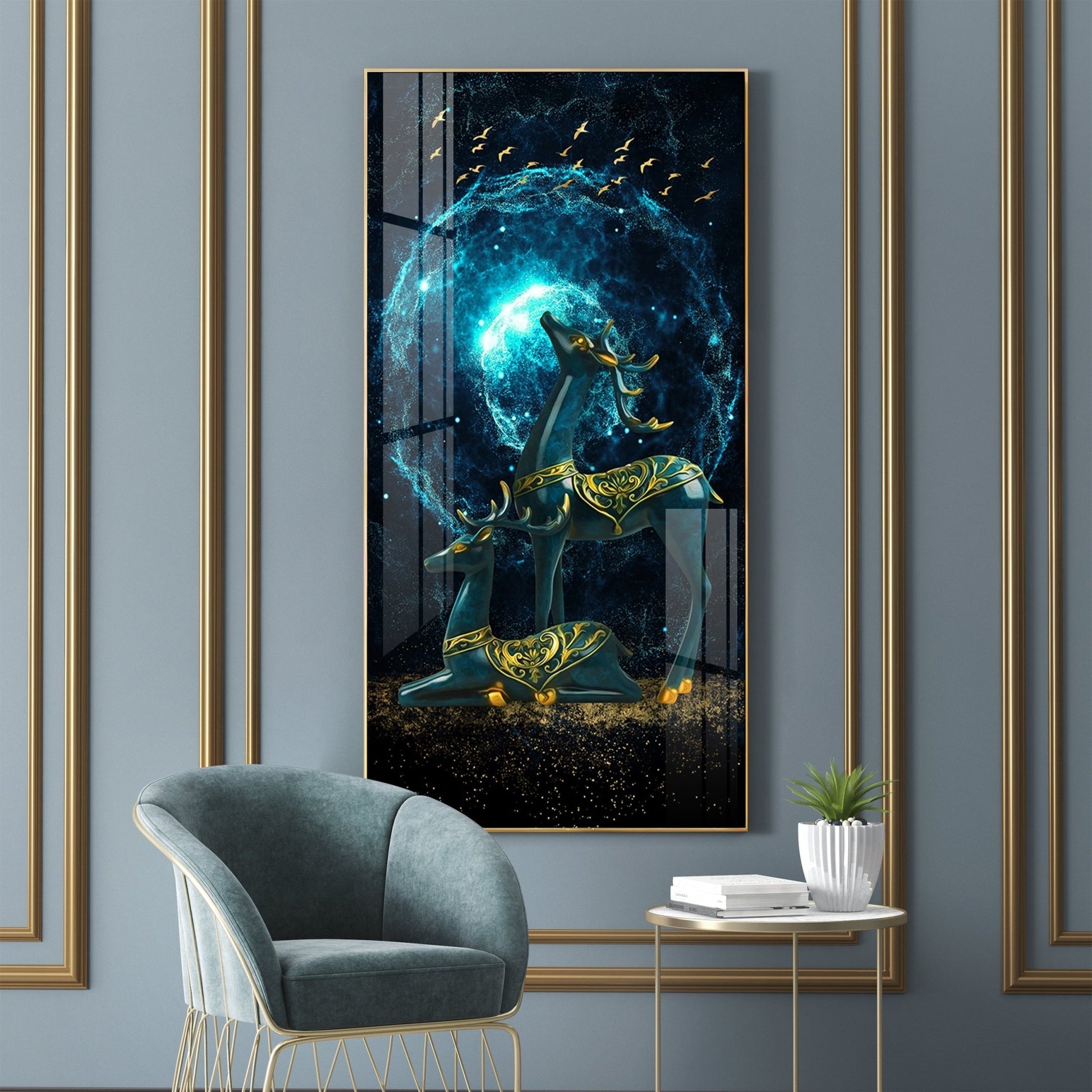 Modern Fantasy Deer Acrylic Wall Painting with Glowing Galaxy Effect and Artistic Golden Finish