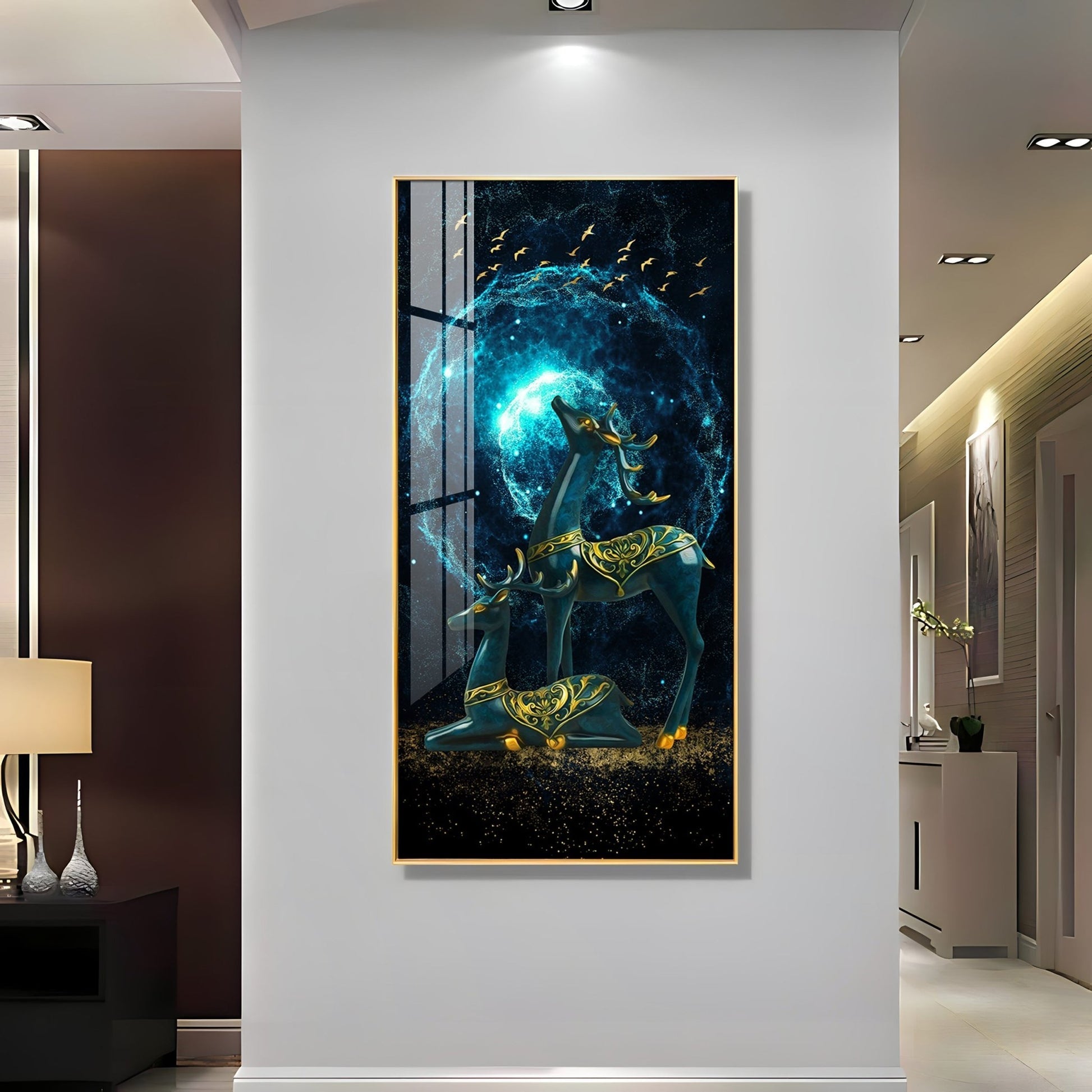 Modern Fantasy Deer Acrylic Wall Painting with Glowing Galaxy Effect and Artistic Golden Finish