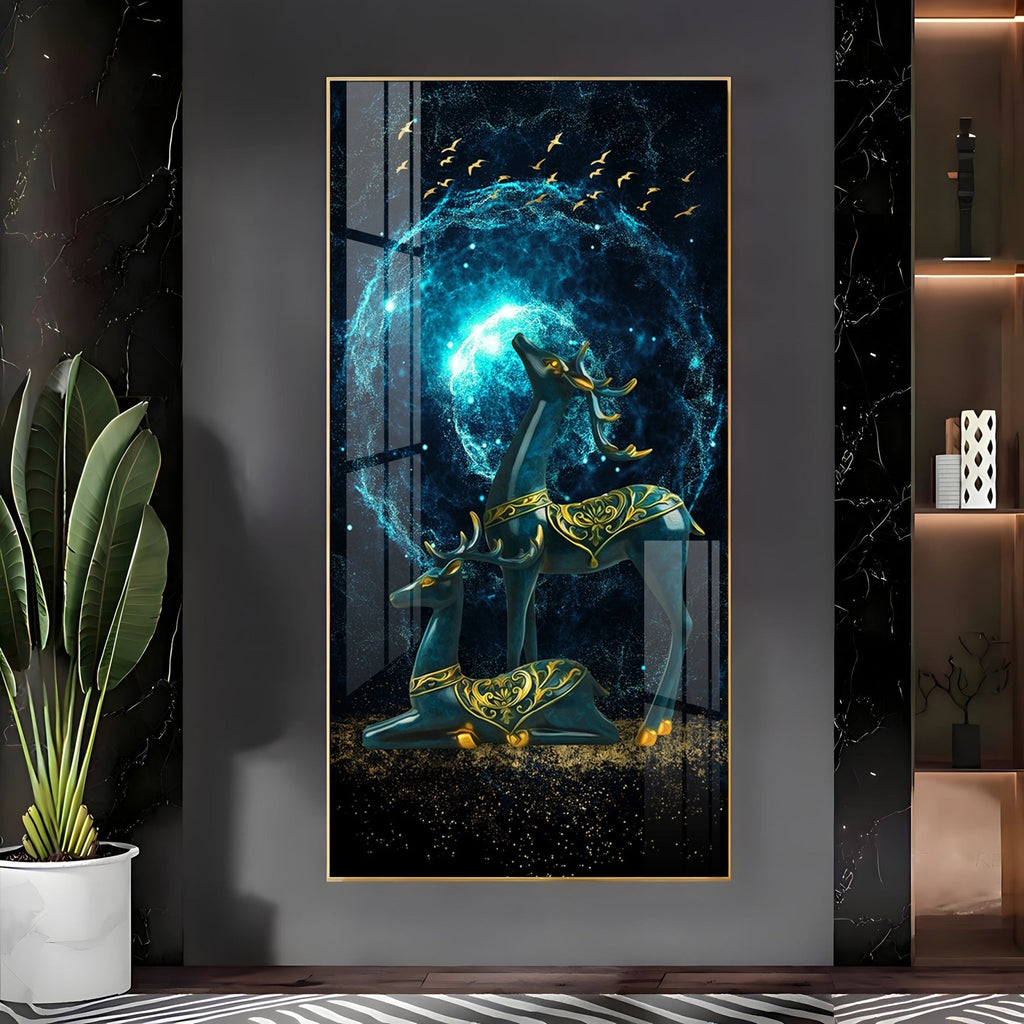 Modern Fantasy Deer Acrylic Wall Painting with Glowing Galaxy Effect and Artistic Golden Finish
